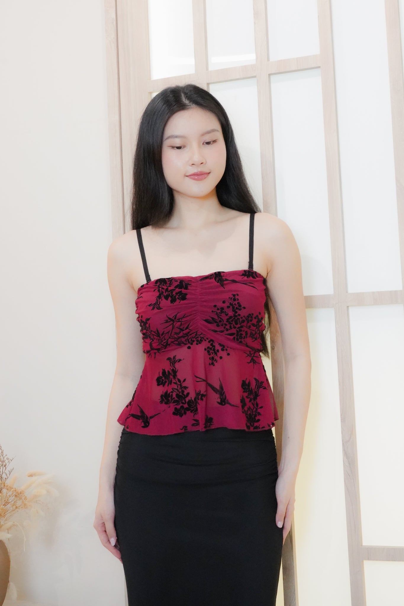 Jia Mesh Floral Top (with removable straps) (Red)