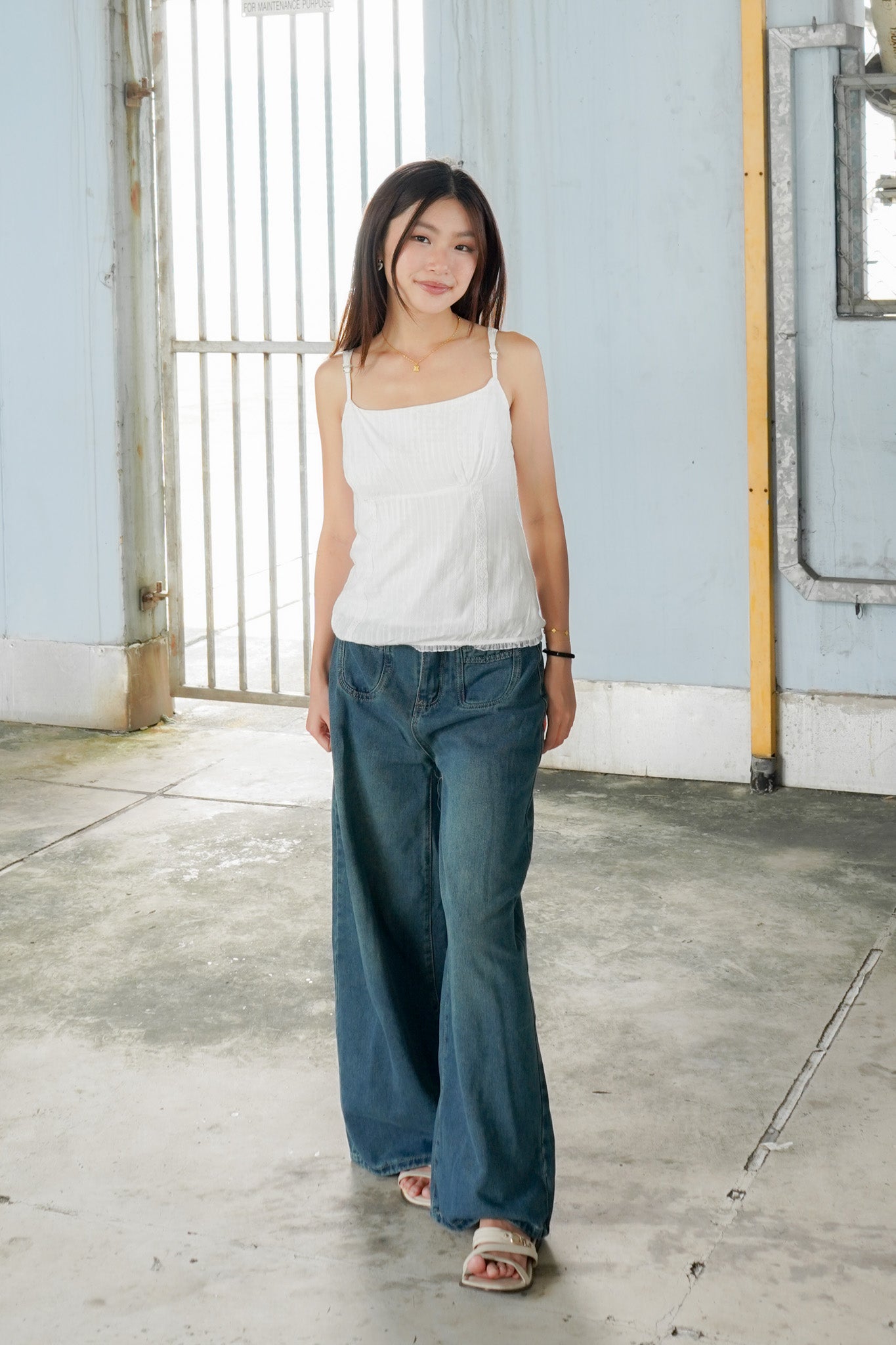 Cleo Embroidered Empire Waist Sleeveless Top (White)