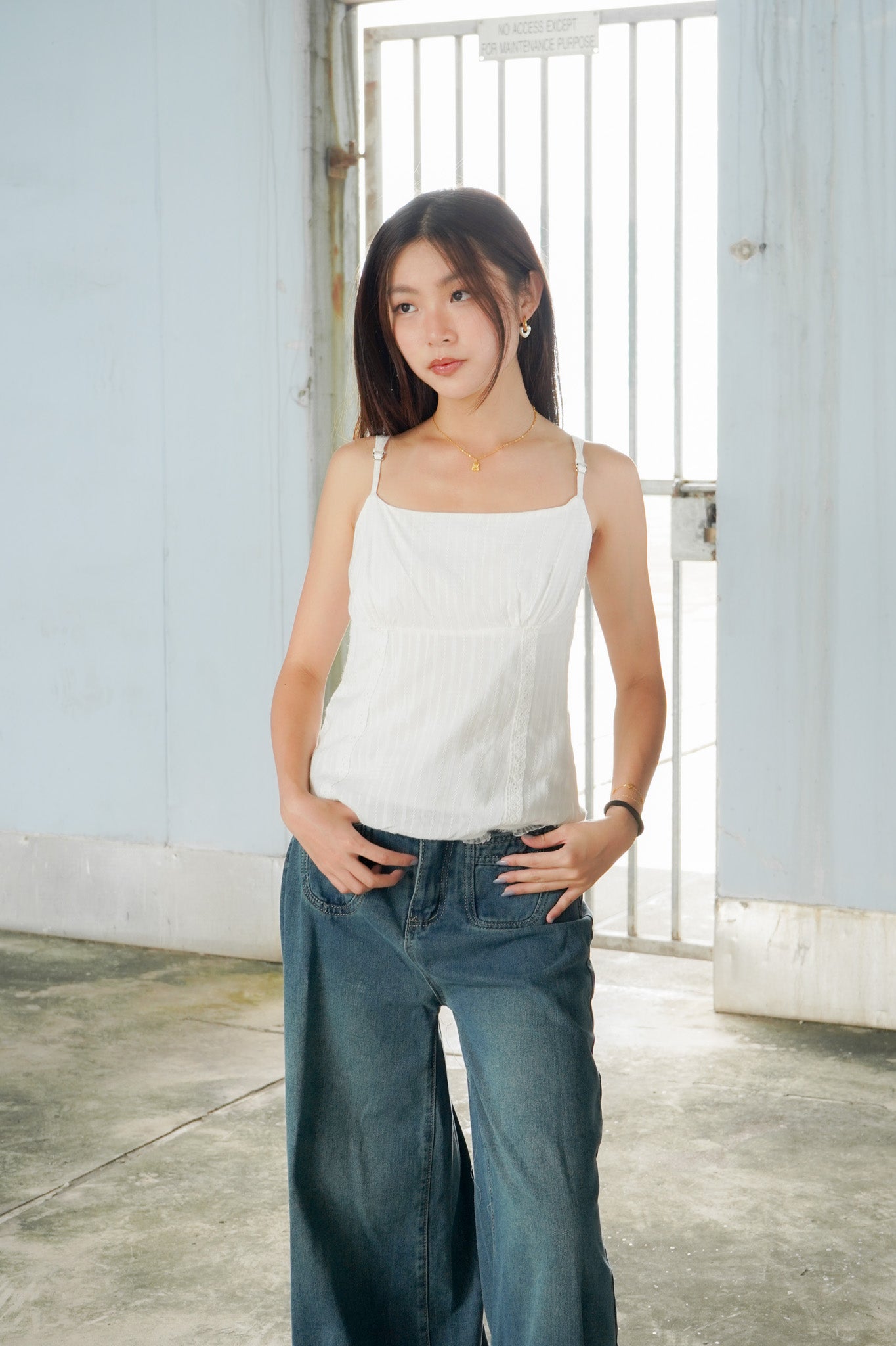 Cleo Embroidered Empire Waist Sleeveless Top (White)