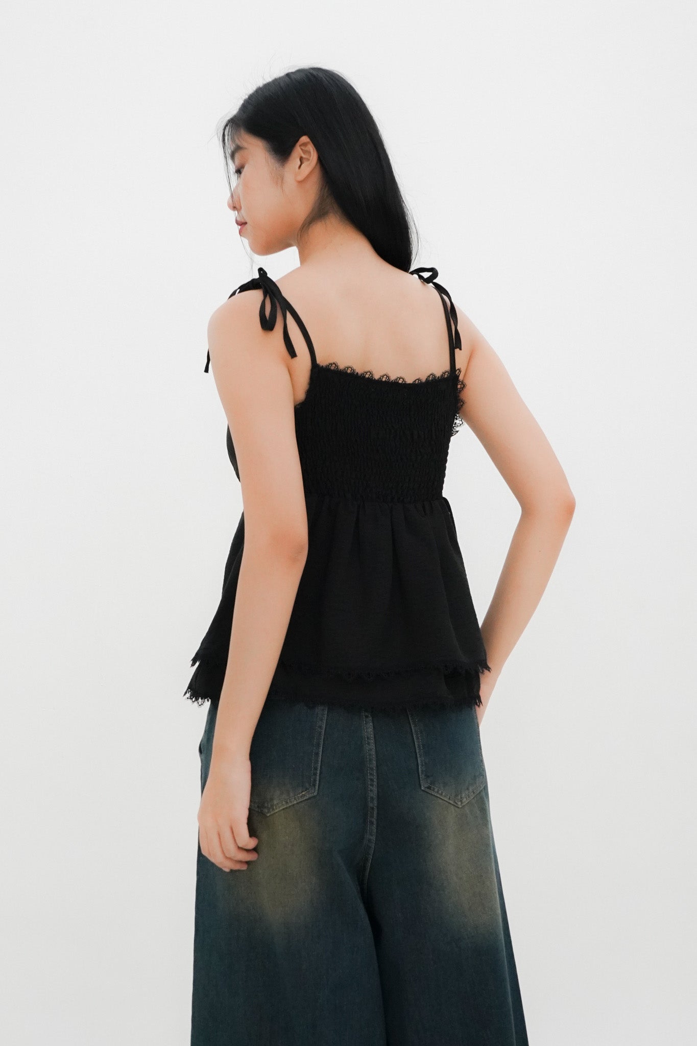 Lily Tie Shoulder Tiered Top (Black)