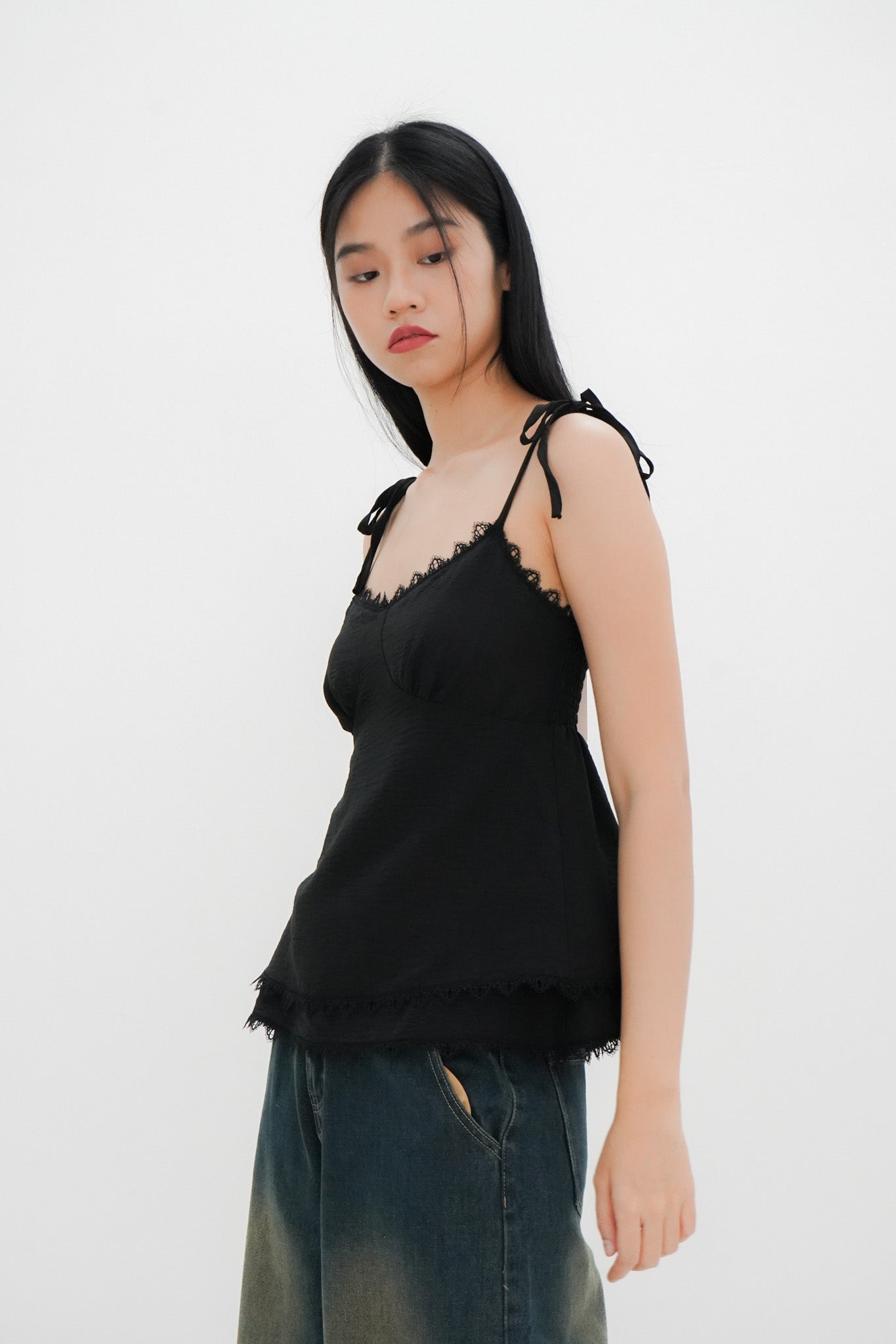 Lily Tie Shoulder Tiered Top (Black)