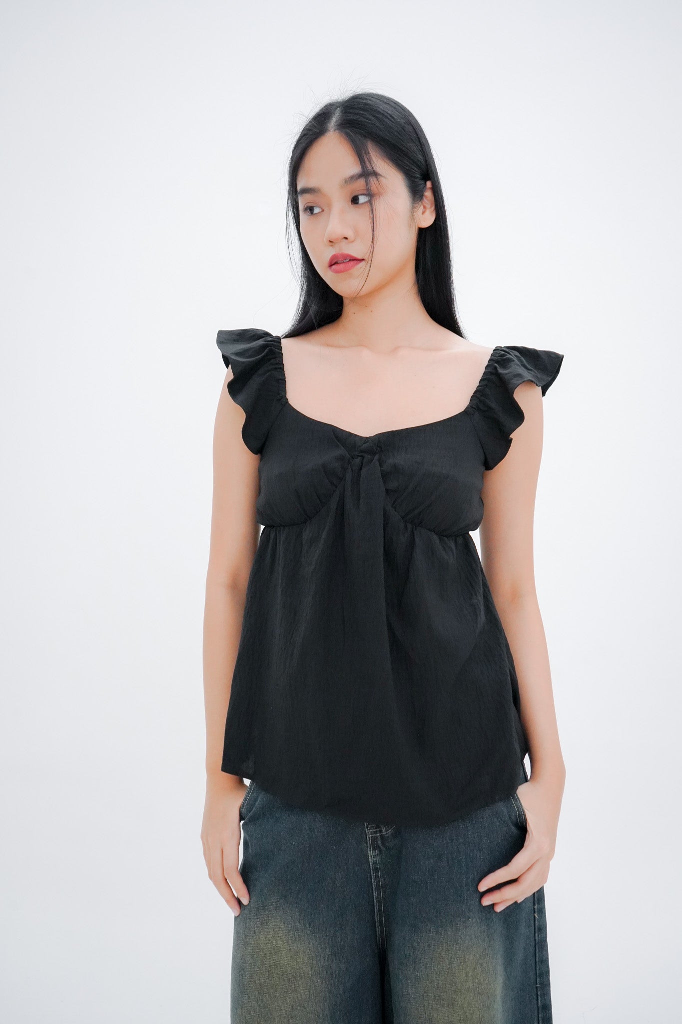 Ivy Flutter Longline Top (Black)