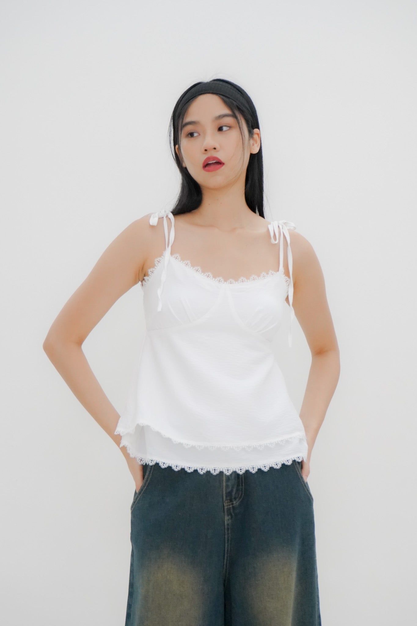 Lily Tie Shoulder Tiered Top (White)