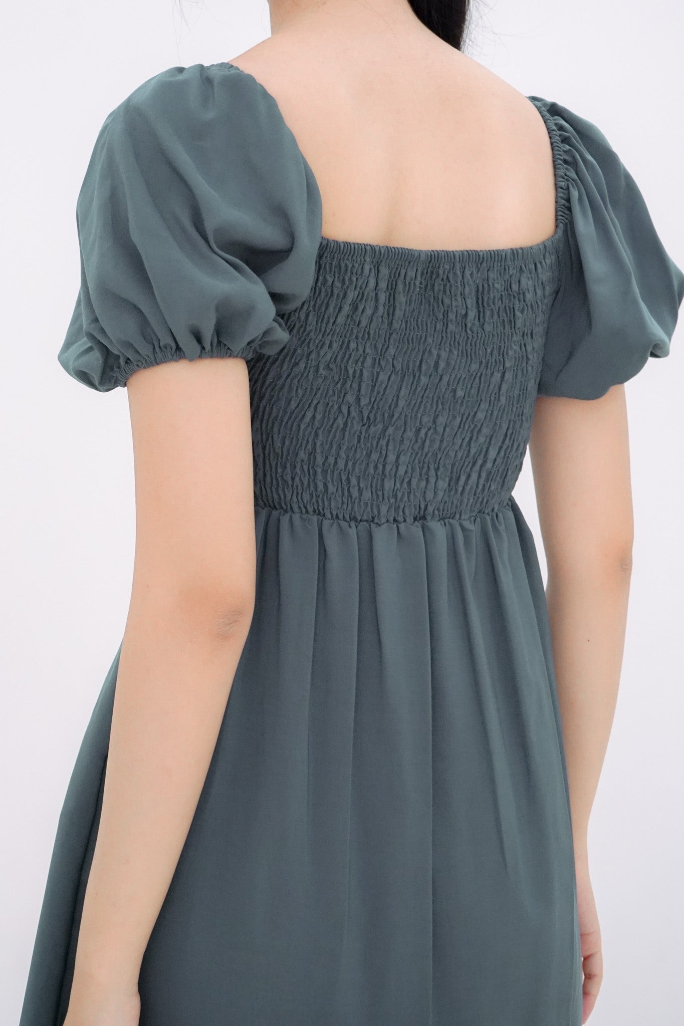 Dakota Padded Puff Sleeve Dress with Cut-out (Forest Green)