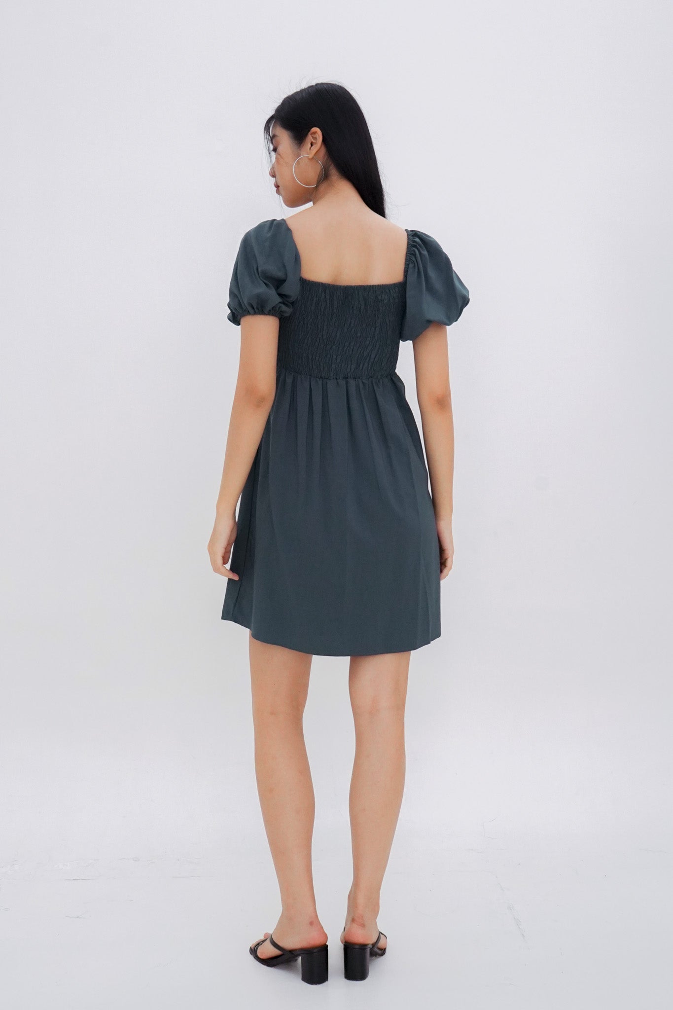 Dakota Padded Puff Sleeve Dress with Cut-out (Forest Green)