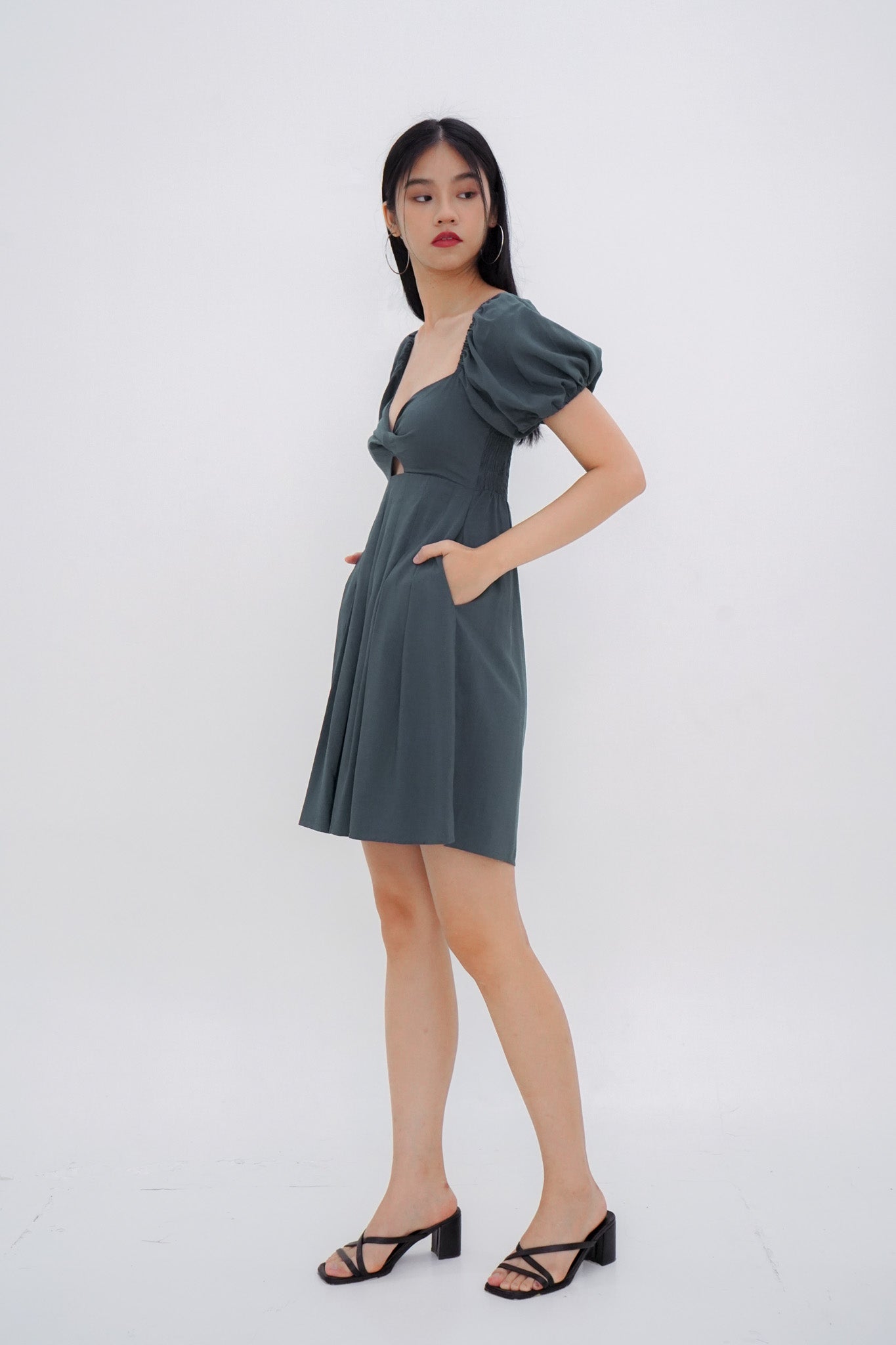 Dakota Padded Puff Sleeve Dress with Cut-out (Forest Green)