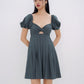 Dakota Padded Puff Sleeve Dress with Cut-out (Forest Green)