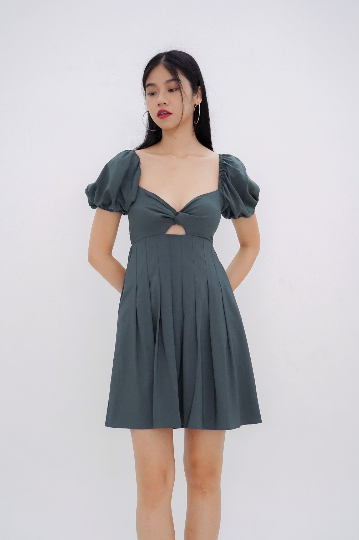 Dakota Padded Puff Sleeve Dress with Cut-out (Forest Green)