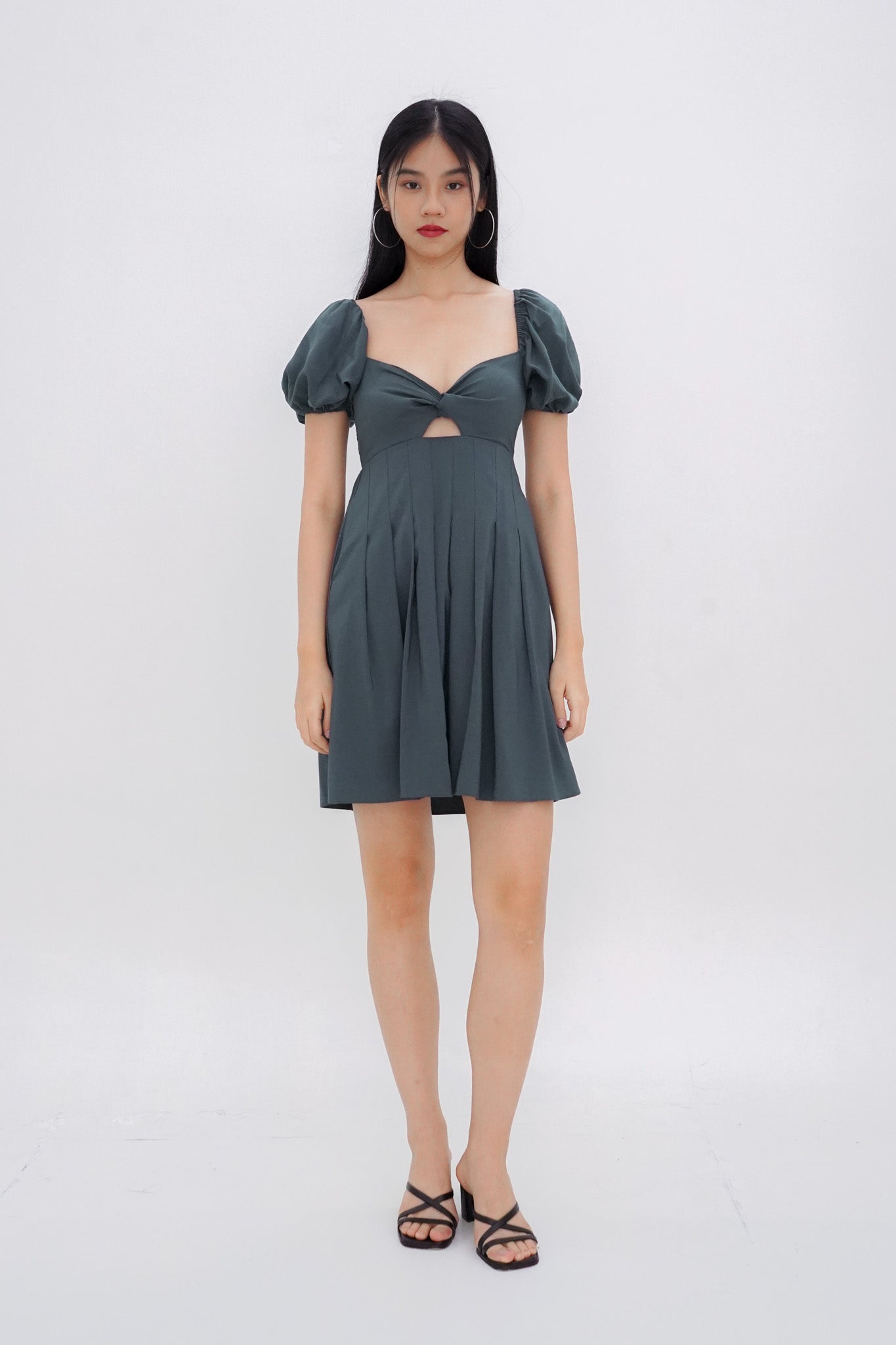 Dakota Padded Puff Sleeve Dress with Cut-out (Forest Green)