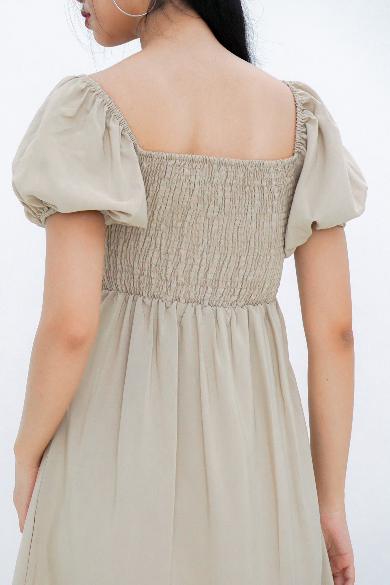 Dakota Padded Puff Sleeve Dress with Cut-out (Khaki)