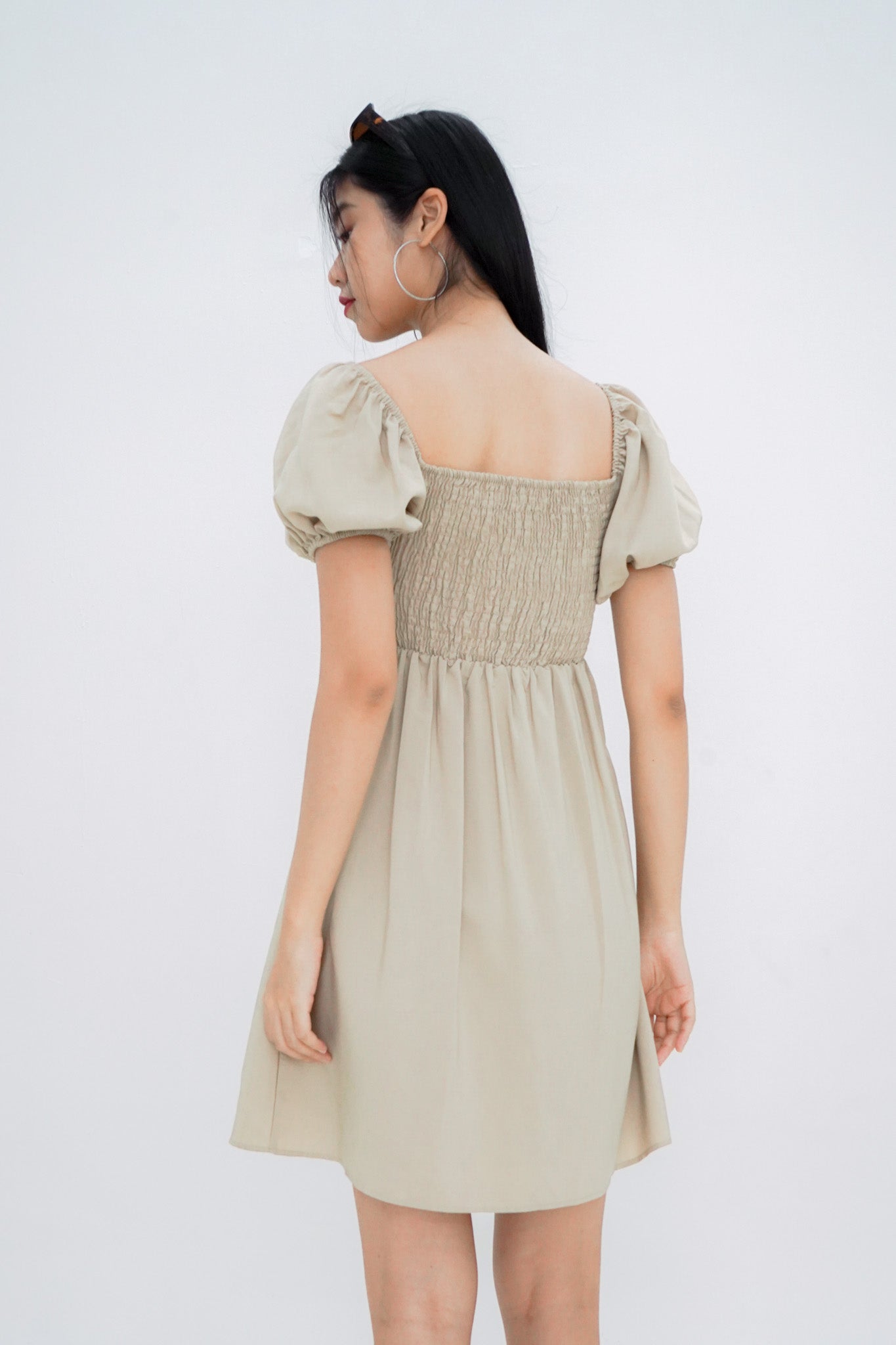 Dakota Padded Puff Sleeve Dress with Cut-out (Khaki)