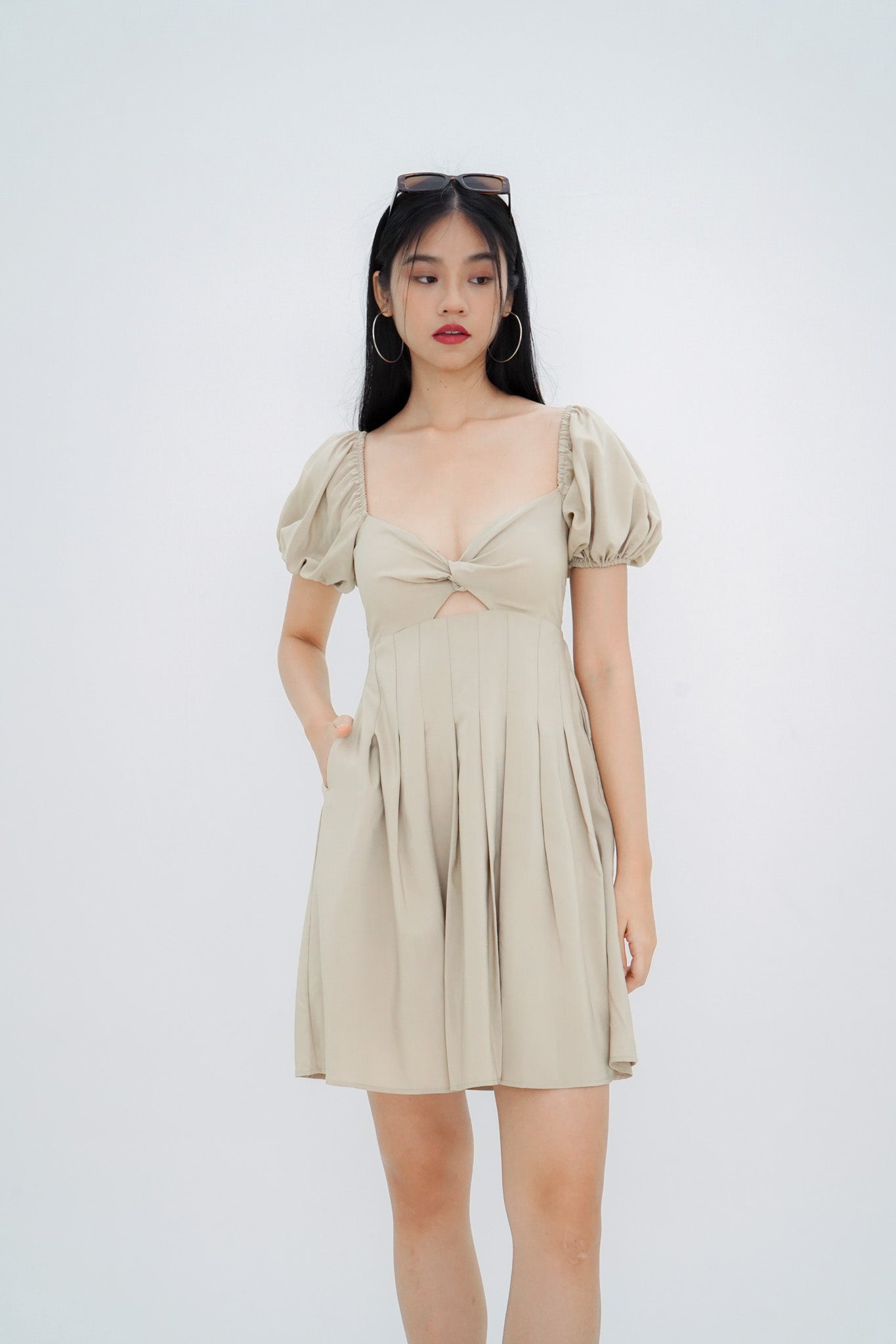 Dakota Padded Puff Sleeve Dress with Cut-out (Khaki)