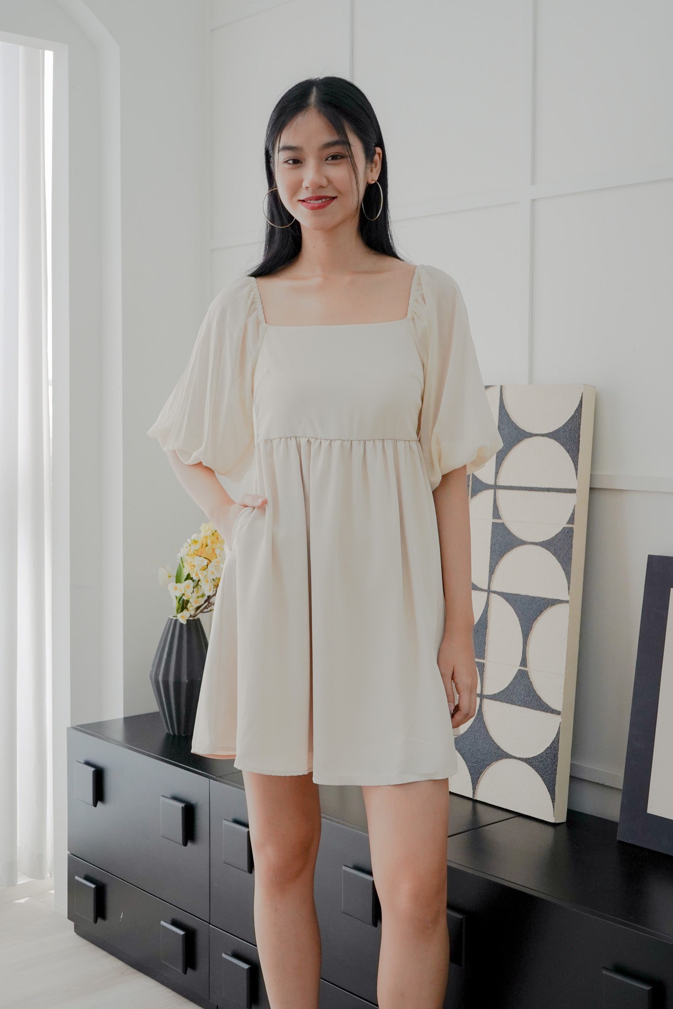 Sienna Half-sleeve Babydoll Dress (Cream)