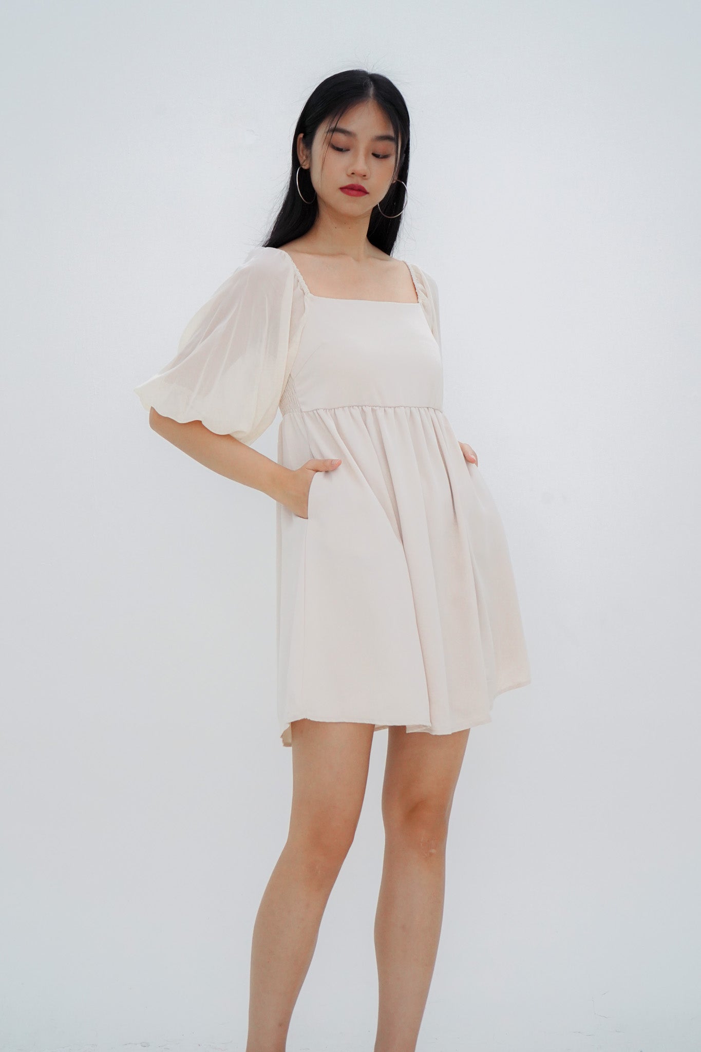 Sienna Half-sleeve Babydoll Dress (Cream)