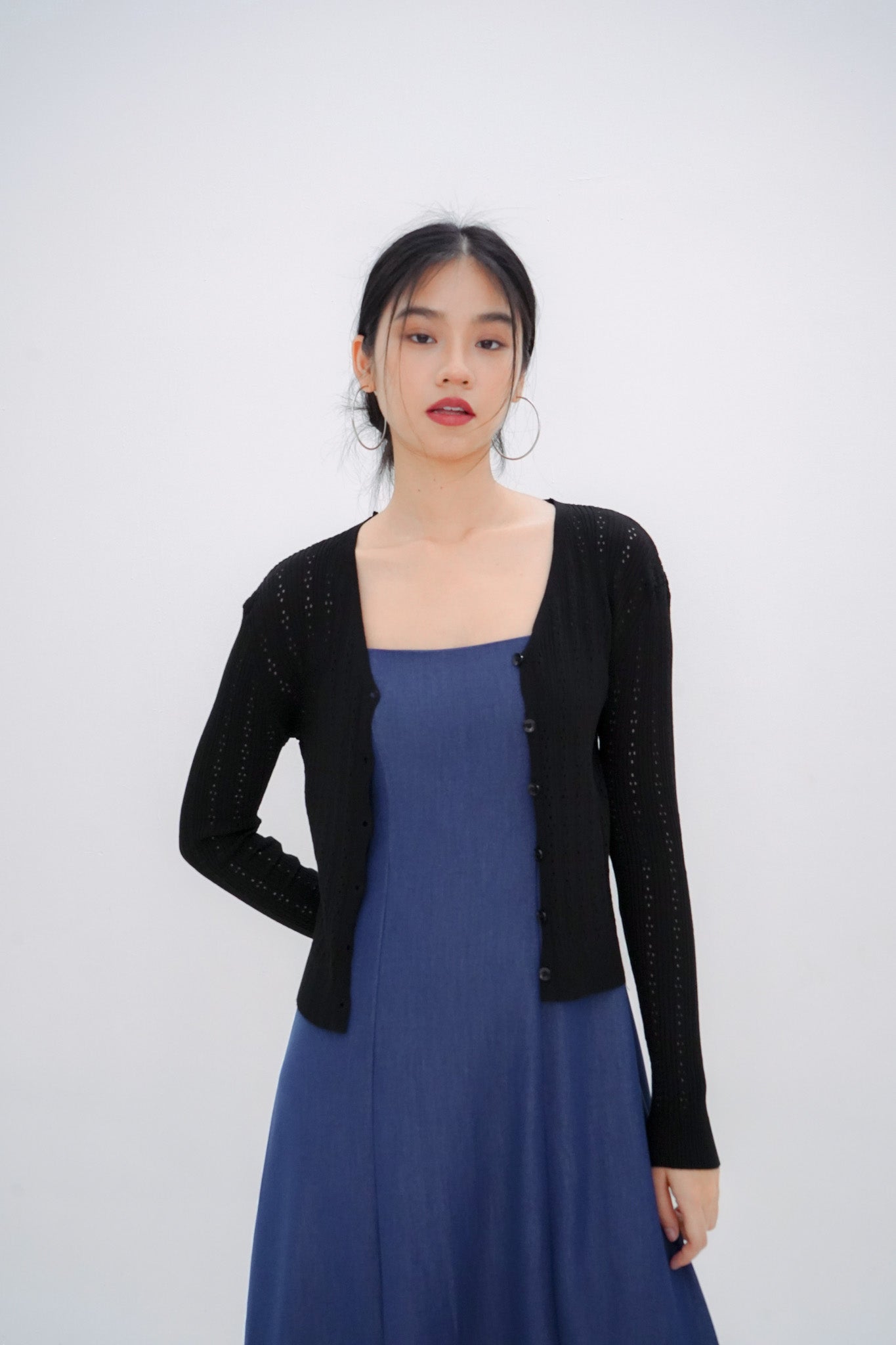 Gracia Pointelle Knit Cardigan (Black)