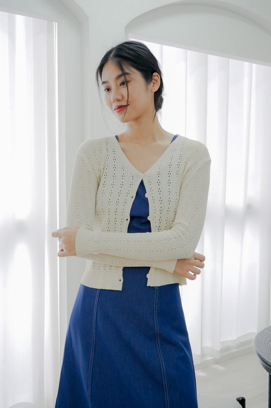 Gracia Pointelle Knit Cardigan (Cream)