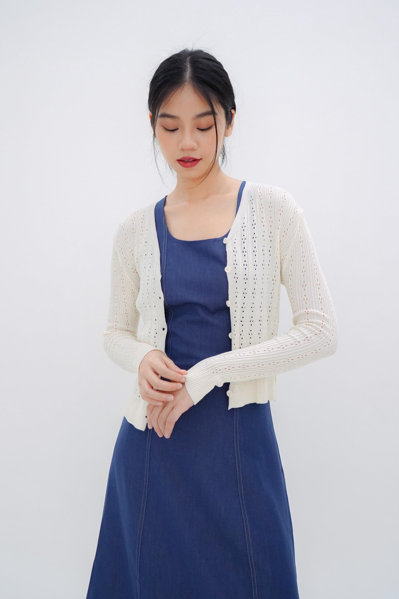 Gracia Pointelle Knit Cardigan (Cream)