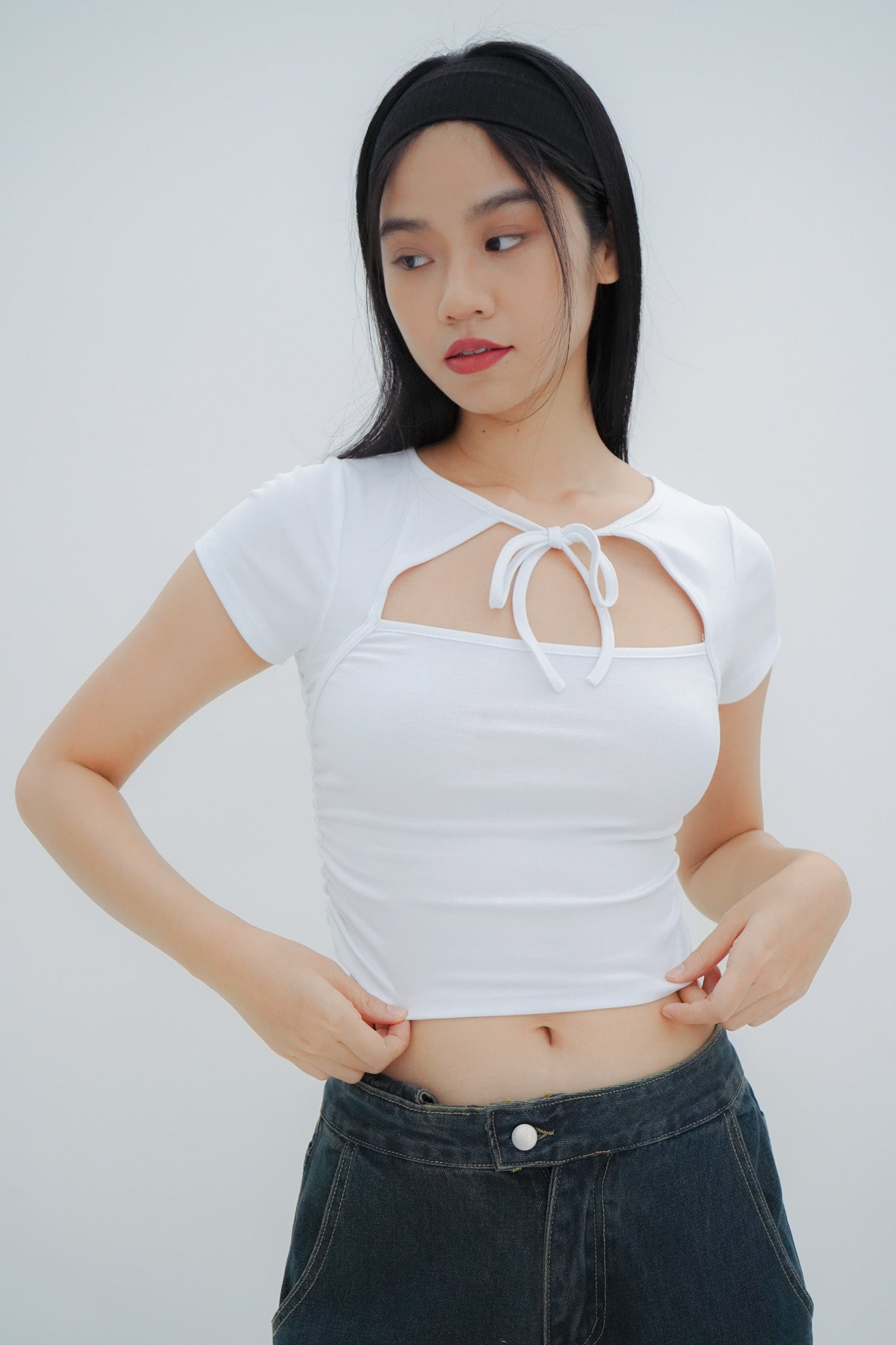 Mei Tie Neck Ruched Top (White)