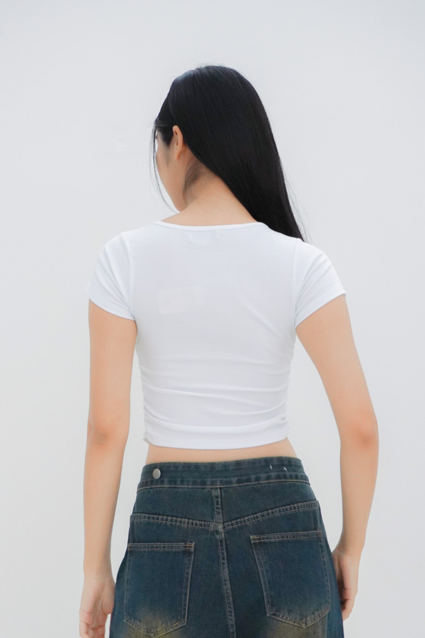 Mei Tie Neck Ruched Top (White)