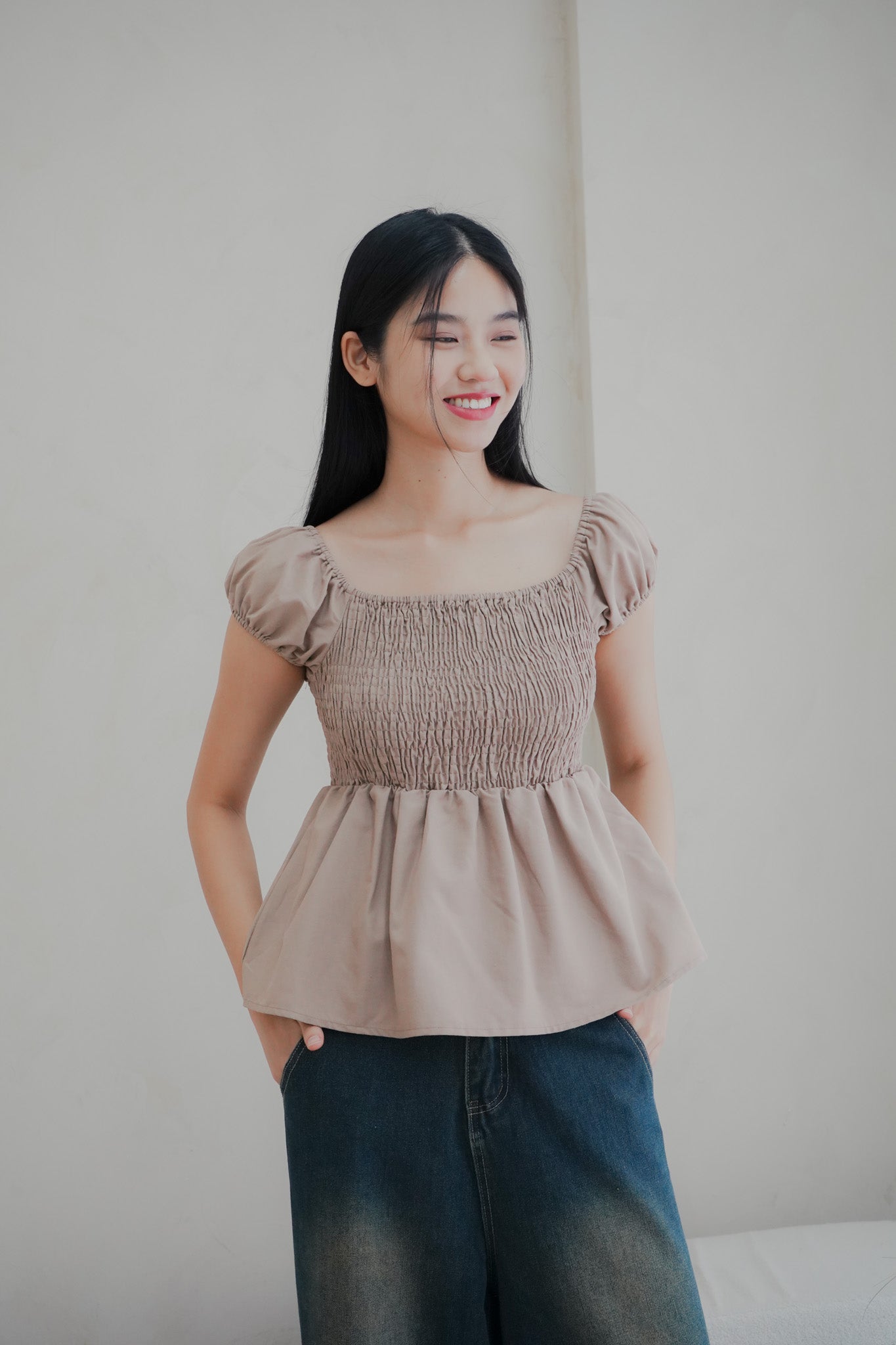 Gia Smocked Puffed Cap-Sleeve Top (Khaki)