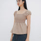 Gia Smocked Puffed Cap-Sleeve Top (Khaki)