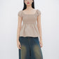 Gia Smocked Puffed Cap-Sleeve Top (Khaki)