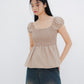 Gia Smocked Puffed Cap-Sleeve Top (Khaki)