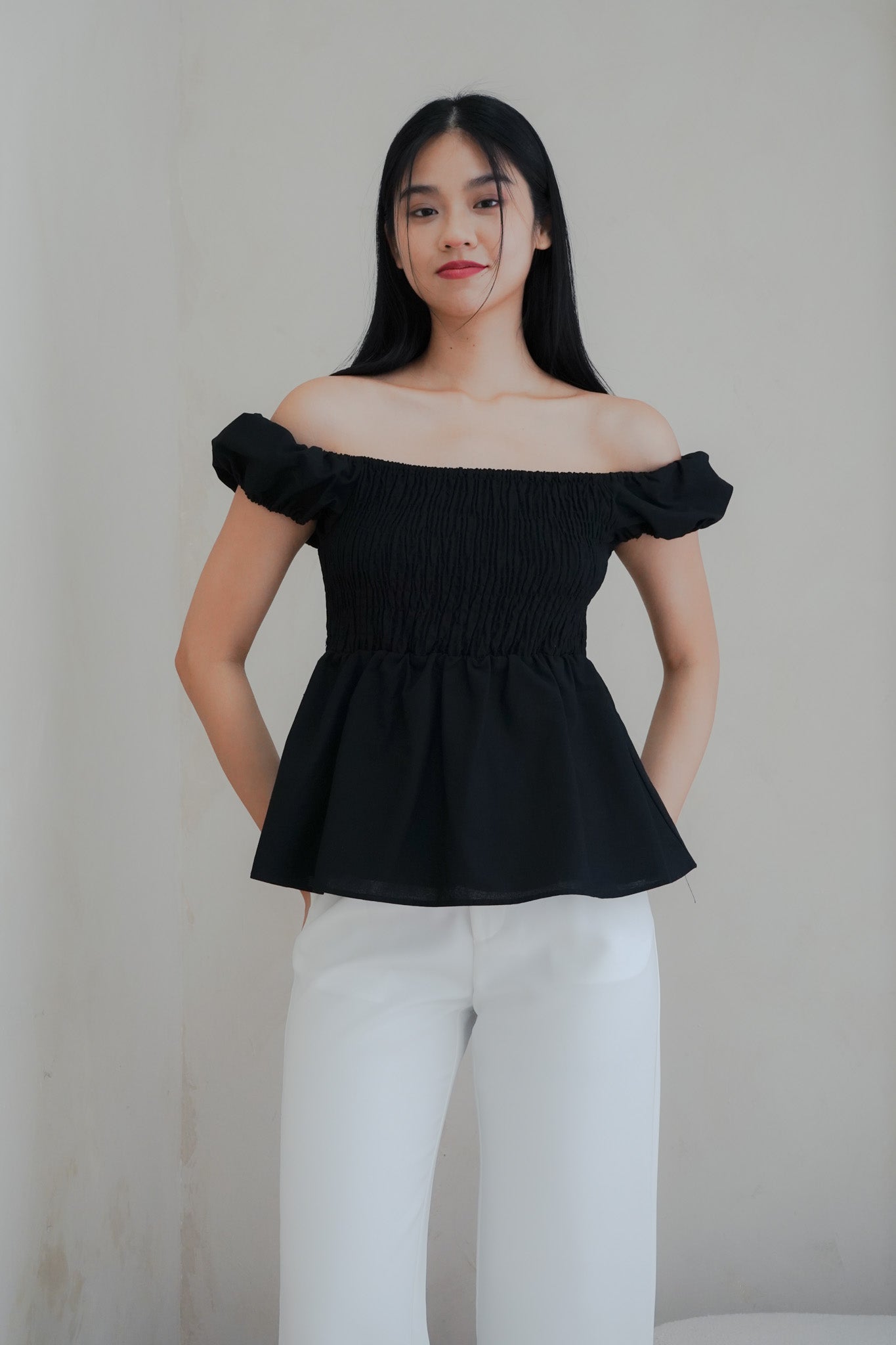 Gia Smocked Puffed Cap-Sleeve Top (Black)