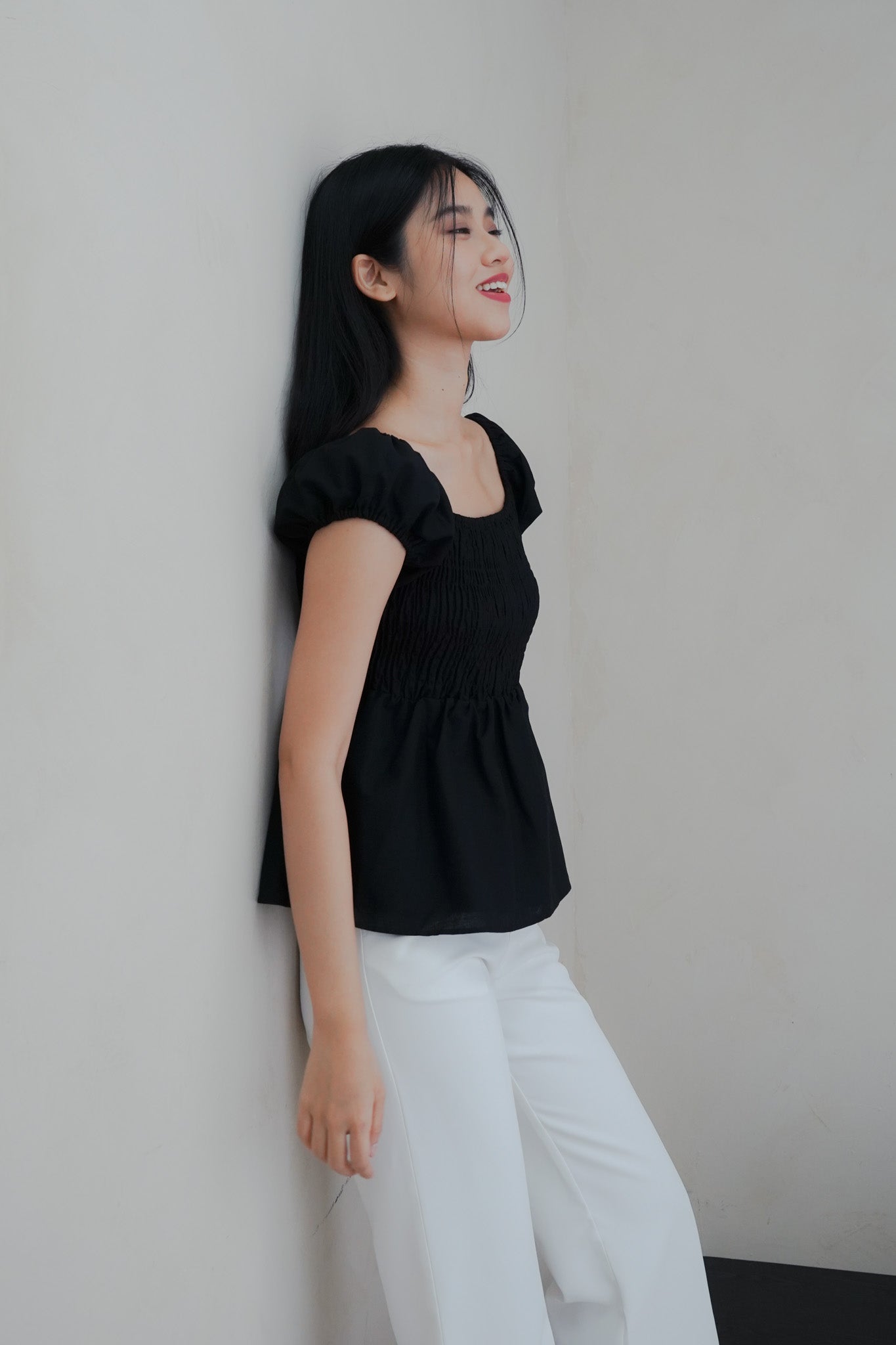 Gia Smocked Puffed Cap-Sleeve Top (Black)