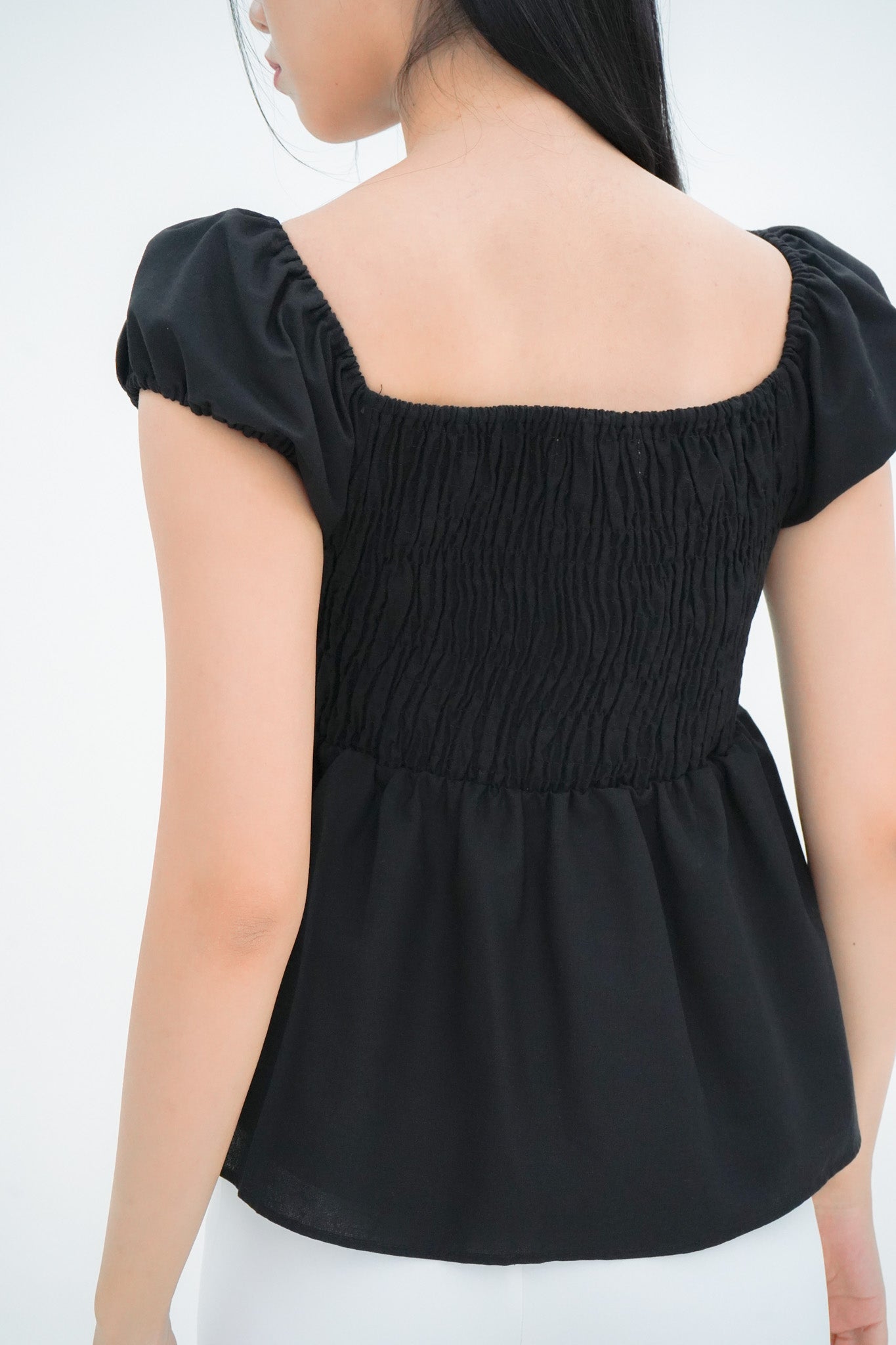 Gia Smocked Puffed Cap-Sleeve Top (Black)