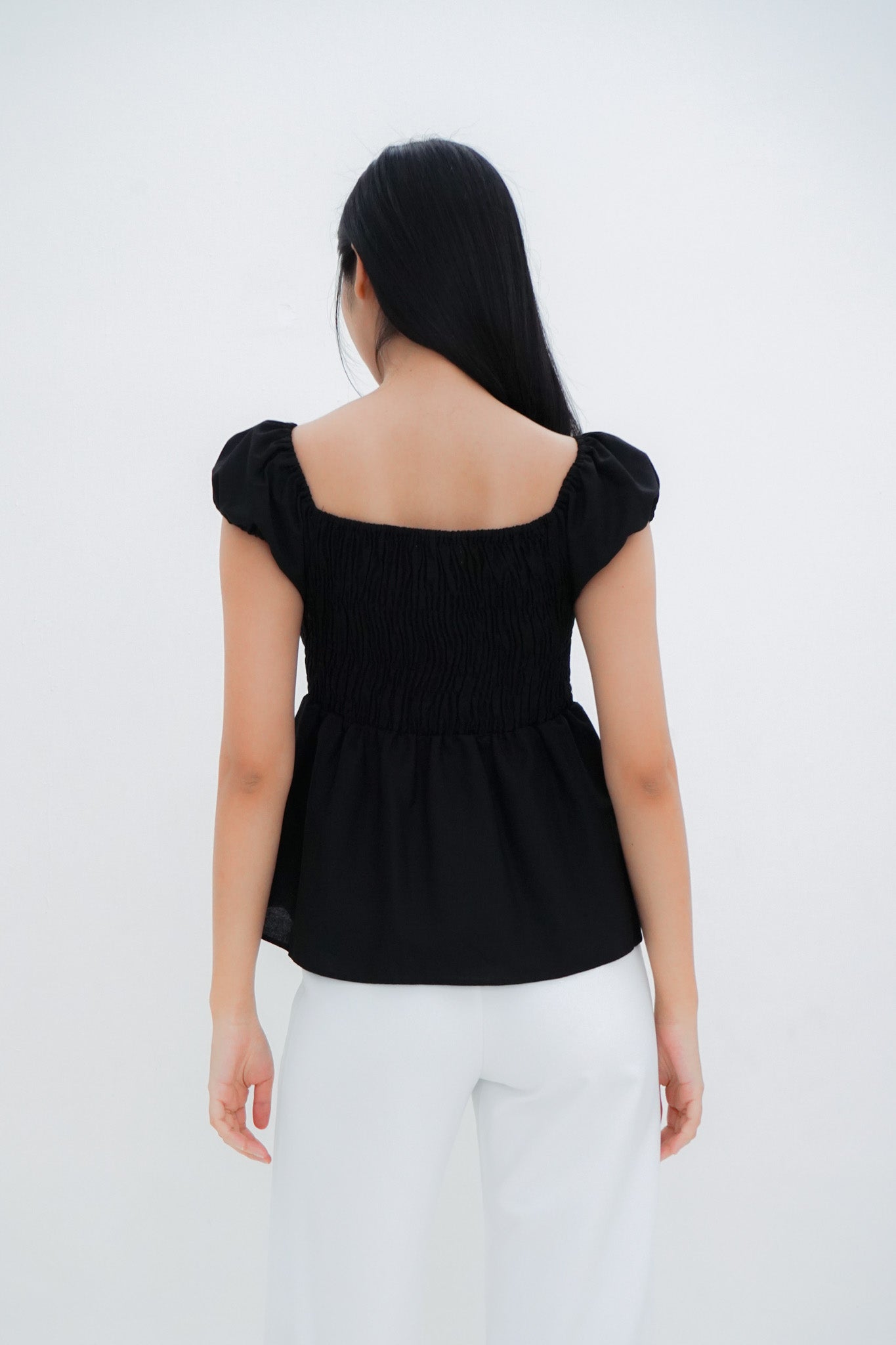 Gia Smocked Puffed Cap-Sleeve Top (Black)