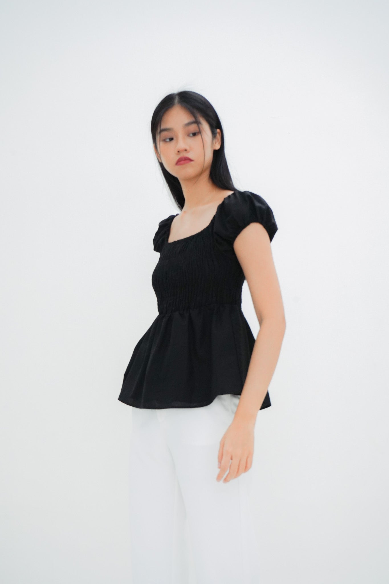 Gia Smocked Puffed Cap-Sleeve Top (Black)