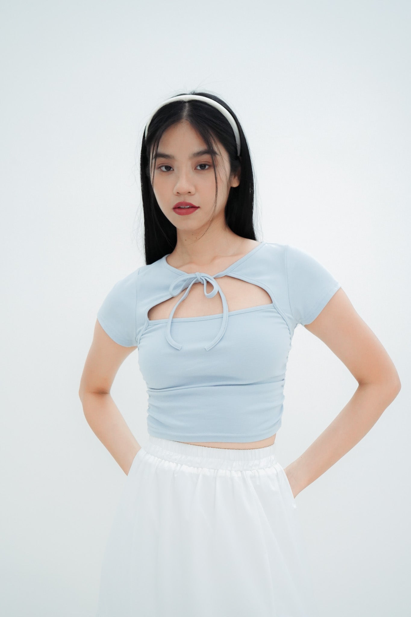 Mei Tie Neck Ruched Top (Greyish Blue)