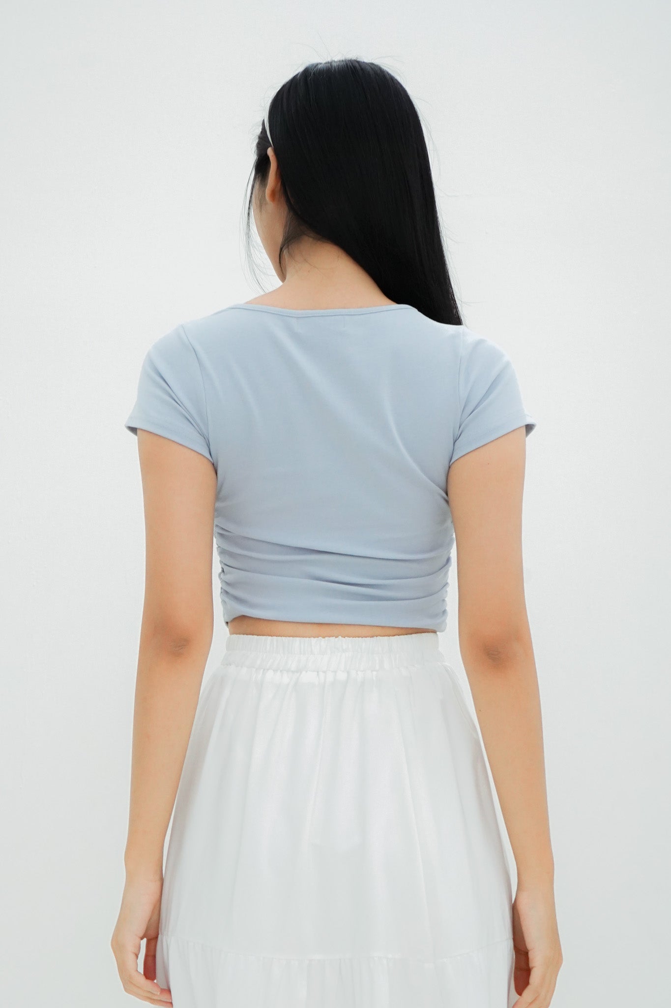 Mei Tie Neck Ruched Top (Greyish Blue)