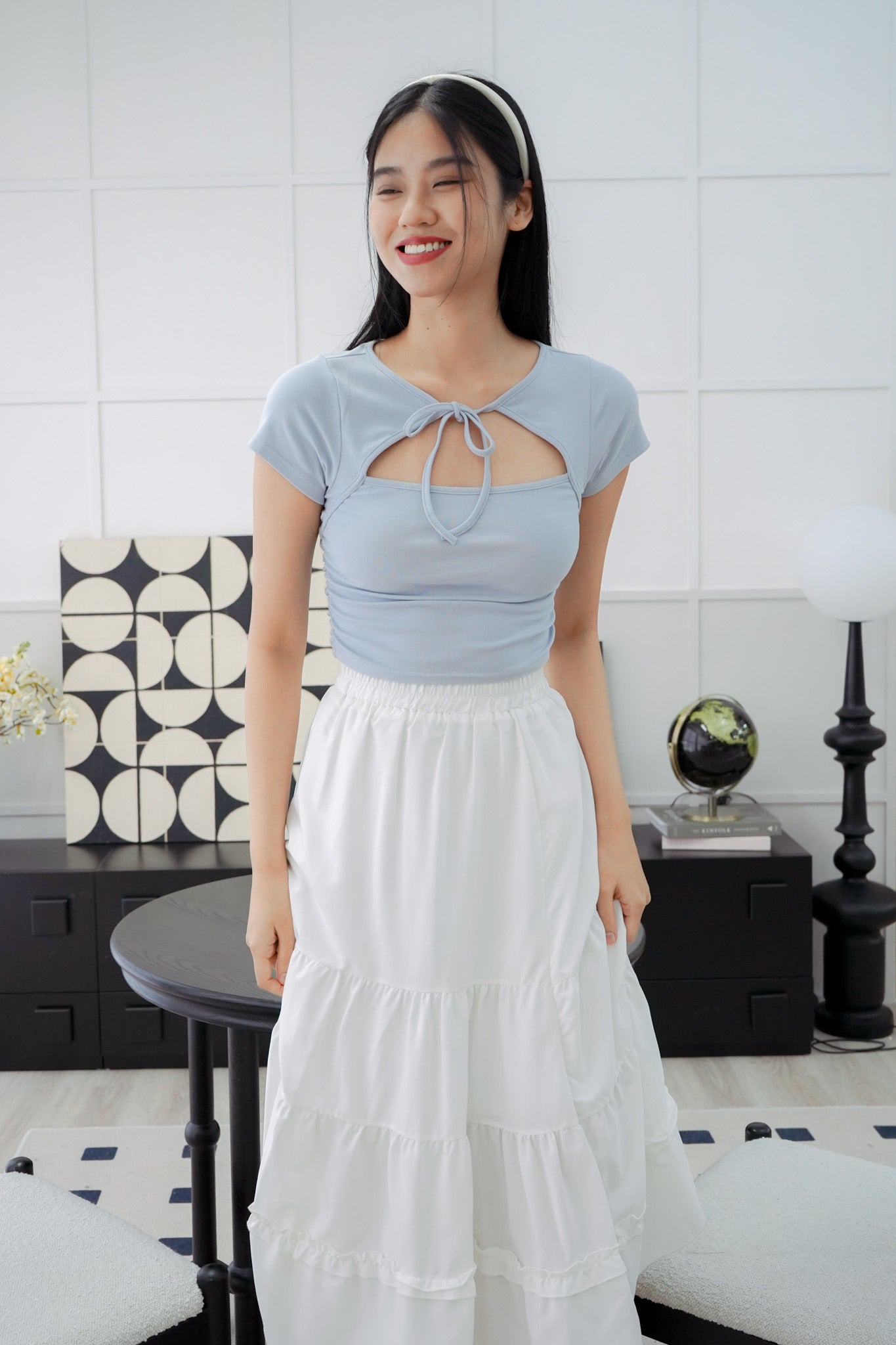 Mei Tie Neck Ruched Top (Greyish Blue)