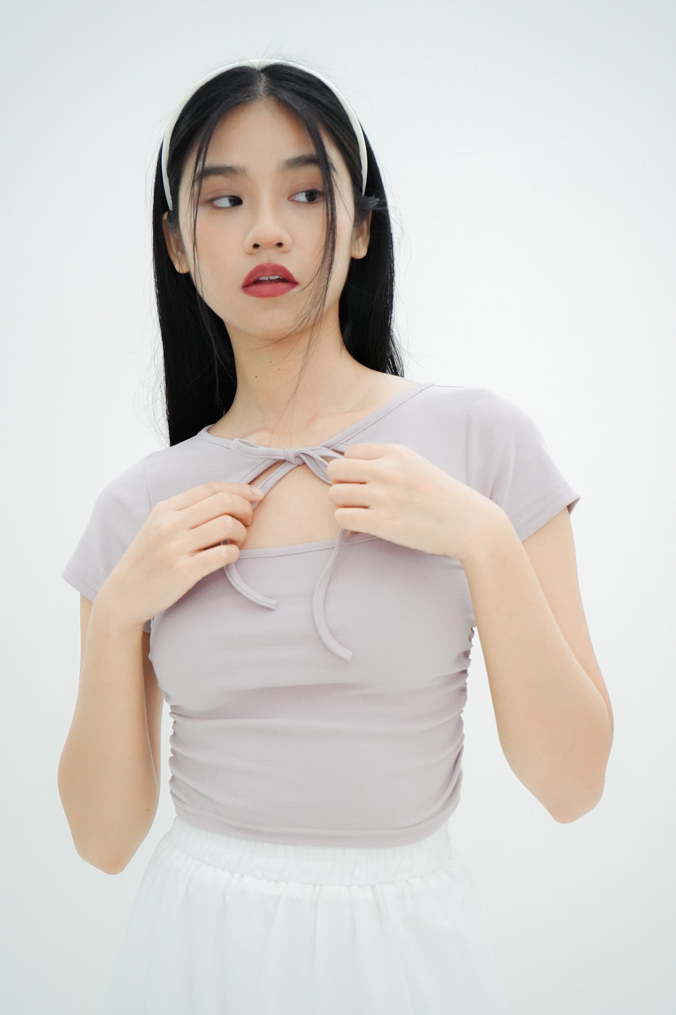 Mei Tie Neck Ruched Top (Dusty Lilac)