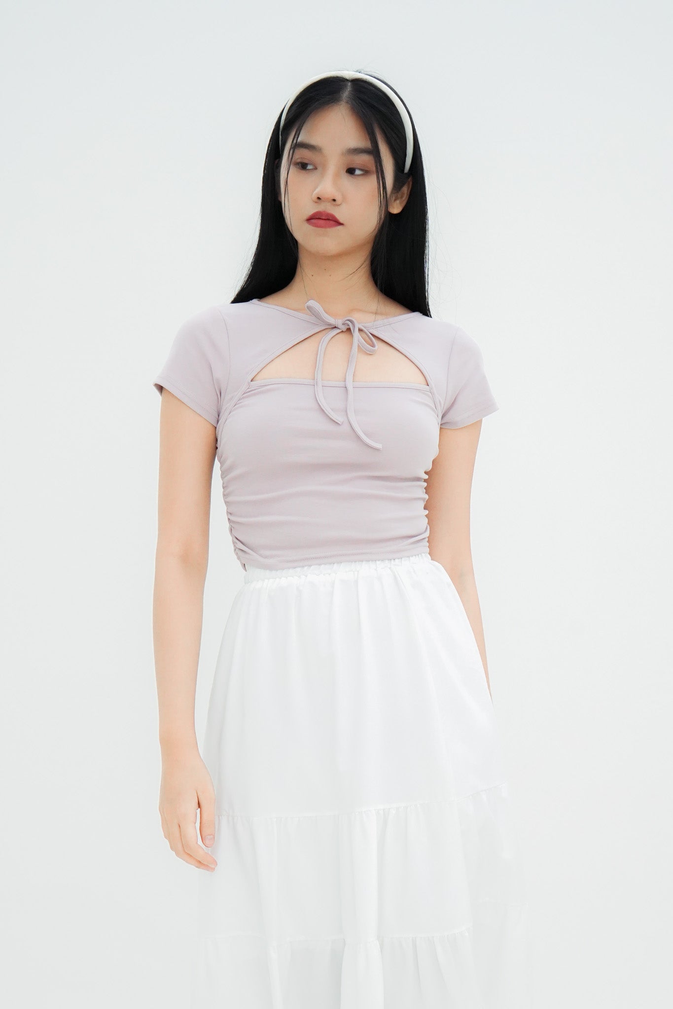 Mei Tie Neck Ruched Top (Dusty Lilac)