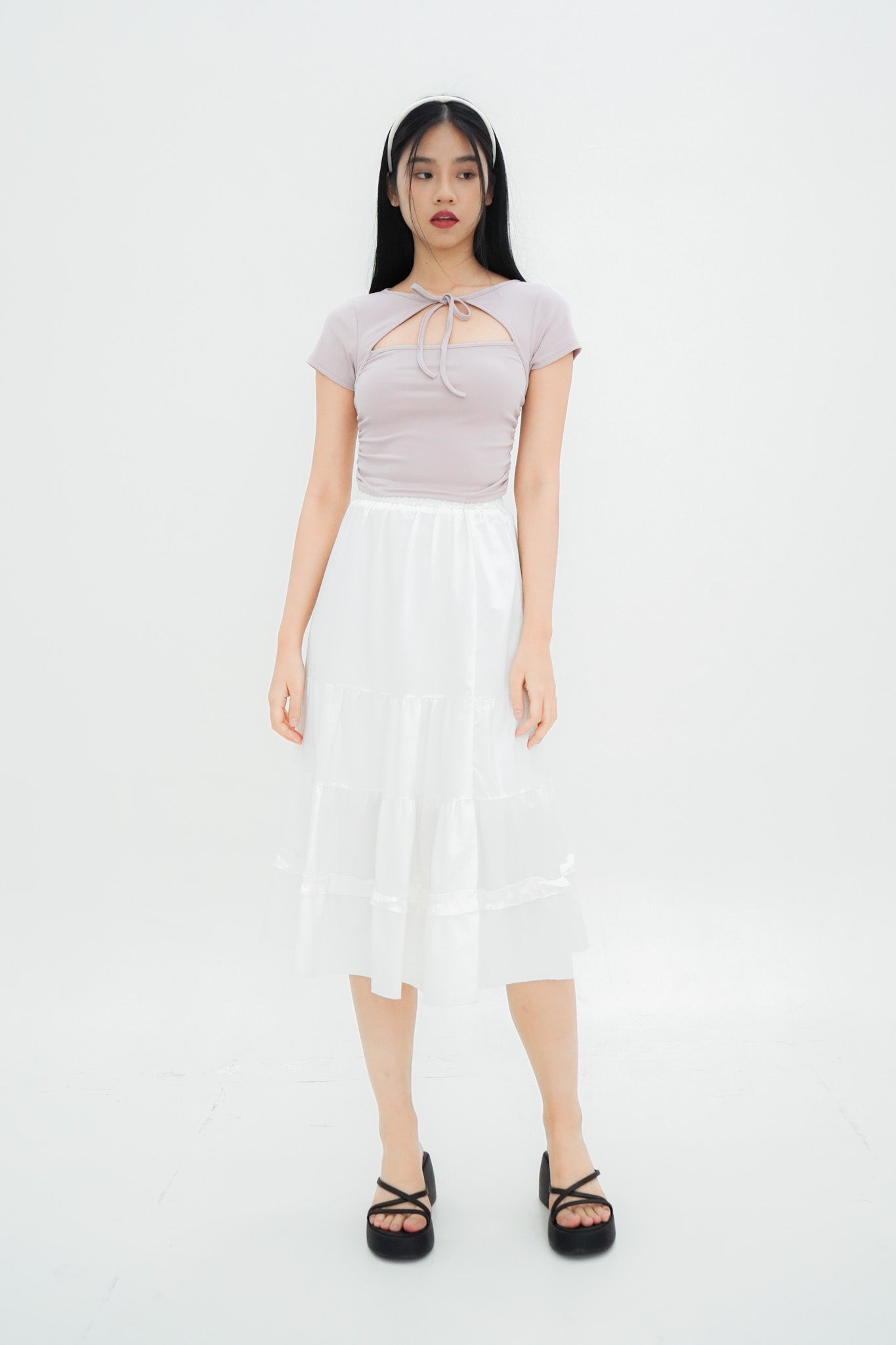 Mei Tie Neck Ruched Top (Dusty Lilac)