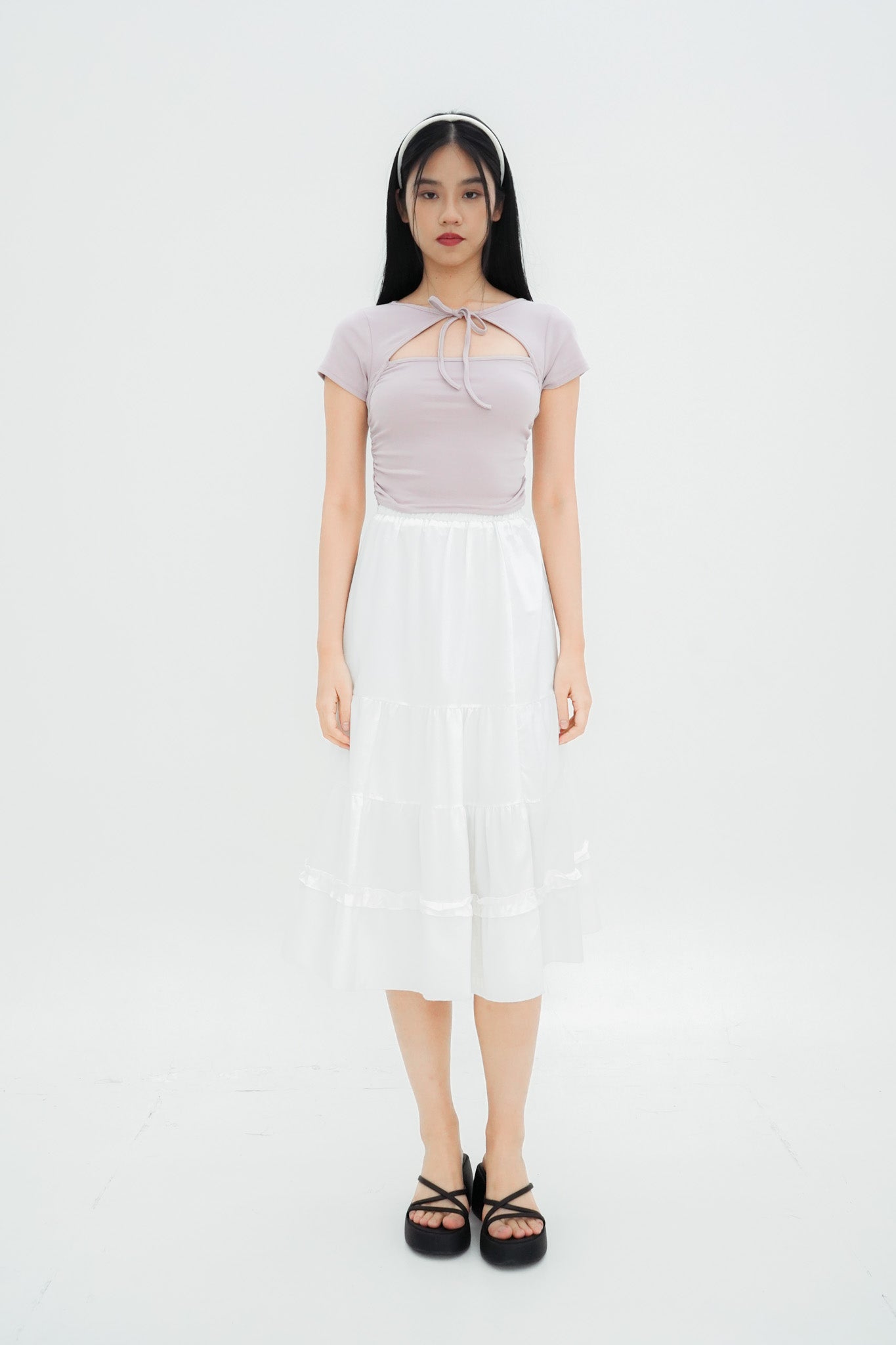 Mei Tie Neck Ruched Top (Dusty Lilac)