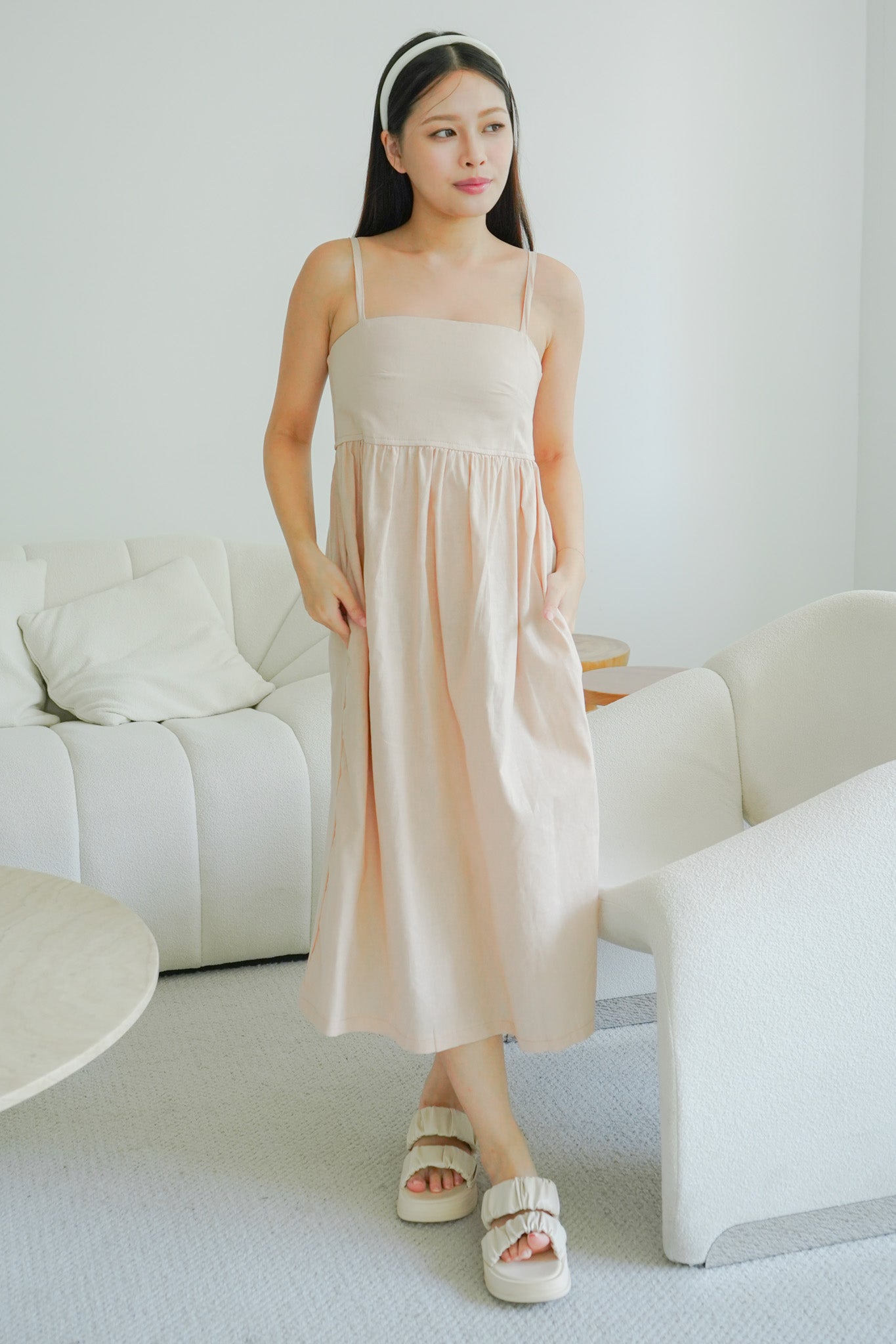 Alora Linen Maxi Dress with Adjustable Straps (Almond Pink)