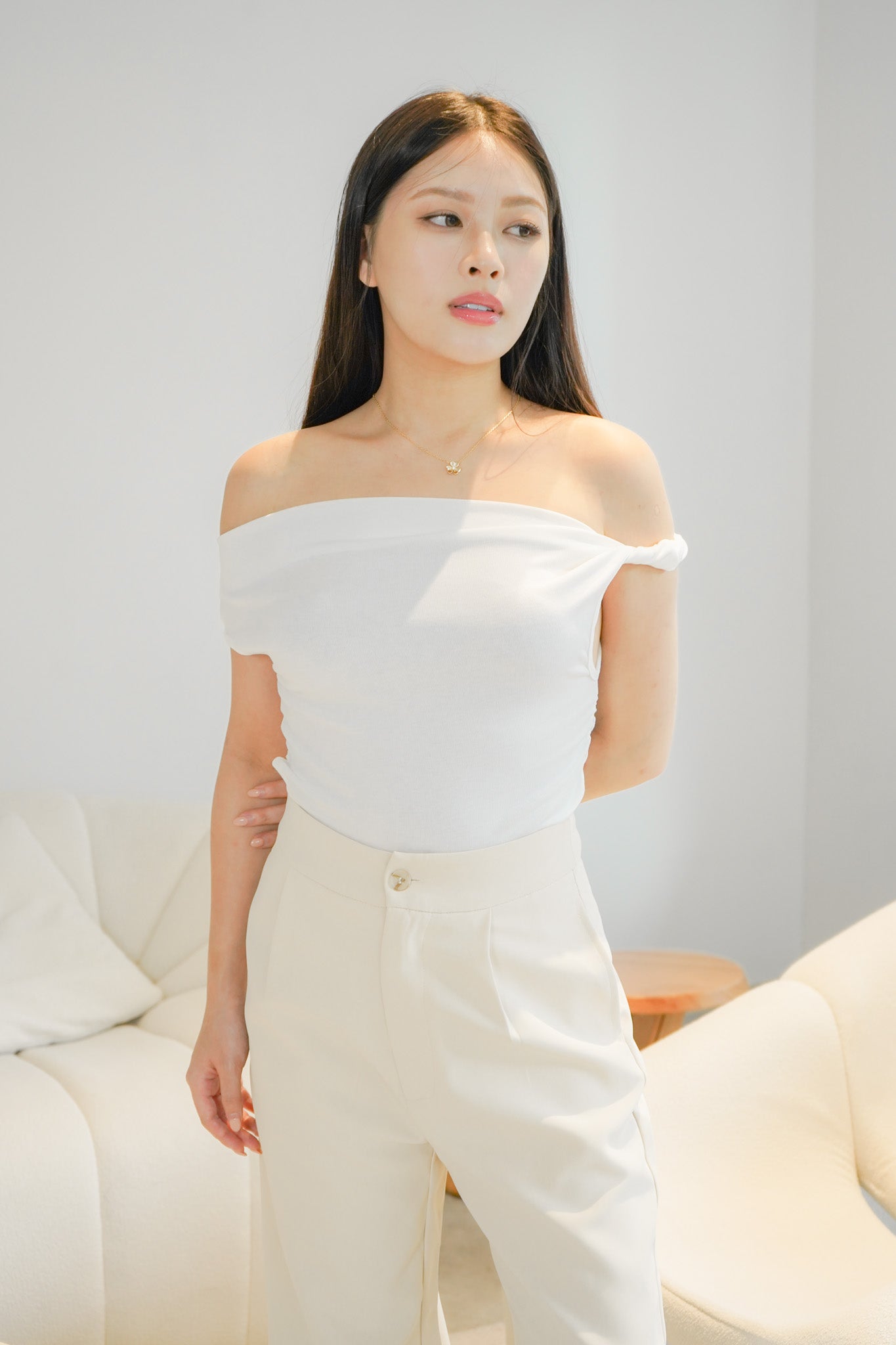 Belinda Asymmetric Off Shoulder Top (White)