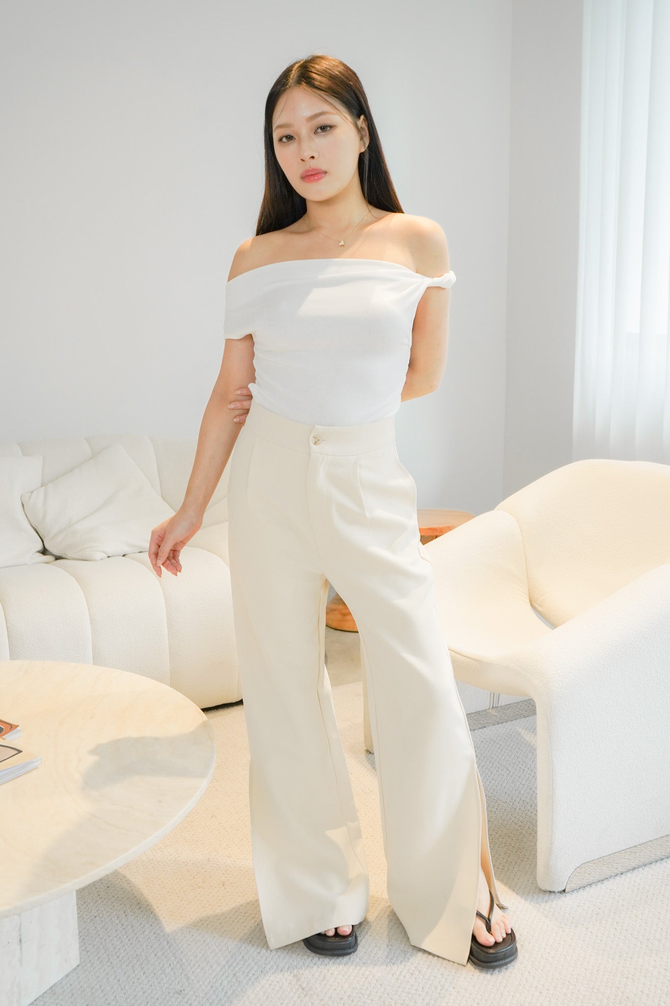 Belinda Asymmetric Off Shoulder Top (White)