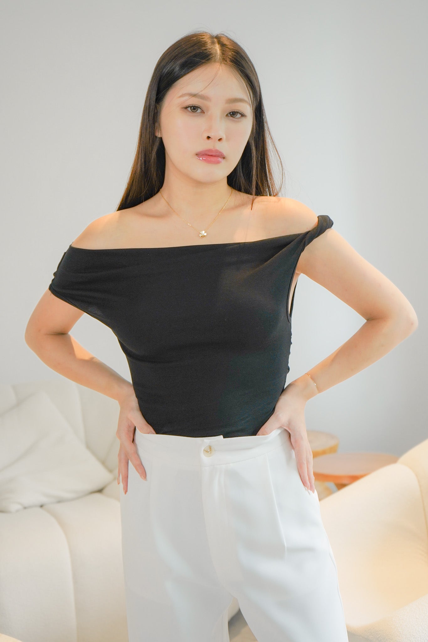 Belinda Asymmetric Off Shoulder Top (Black)