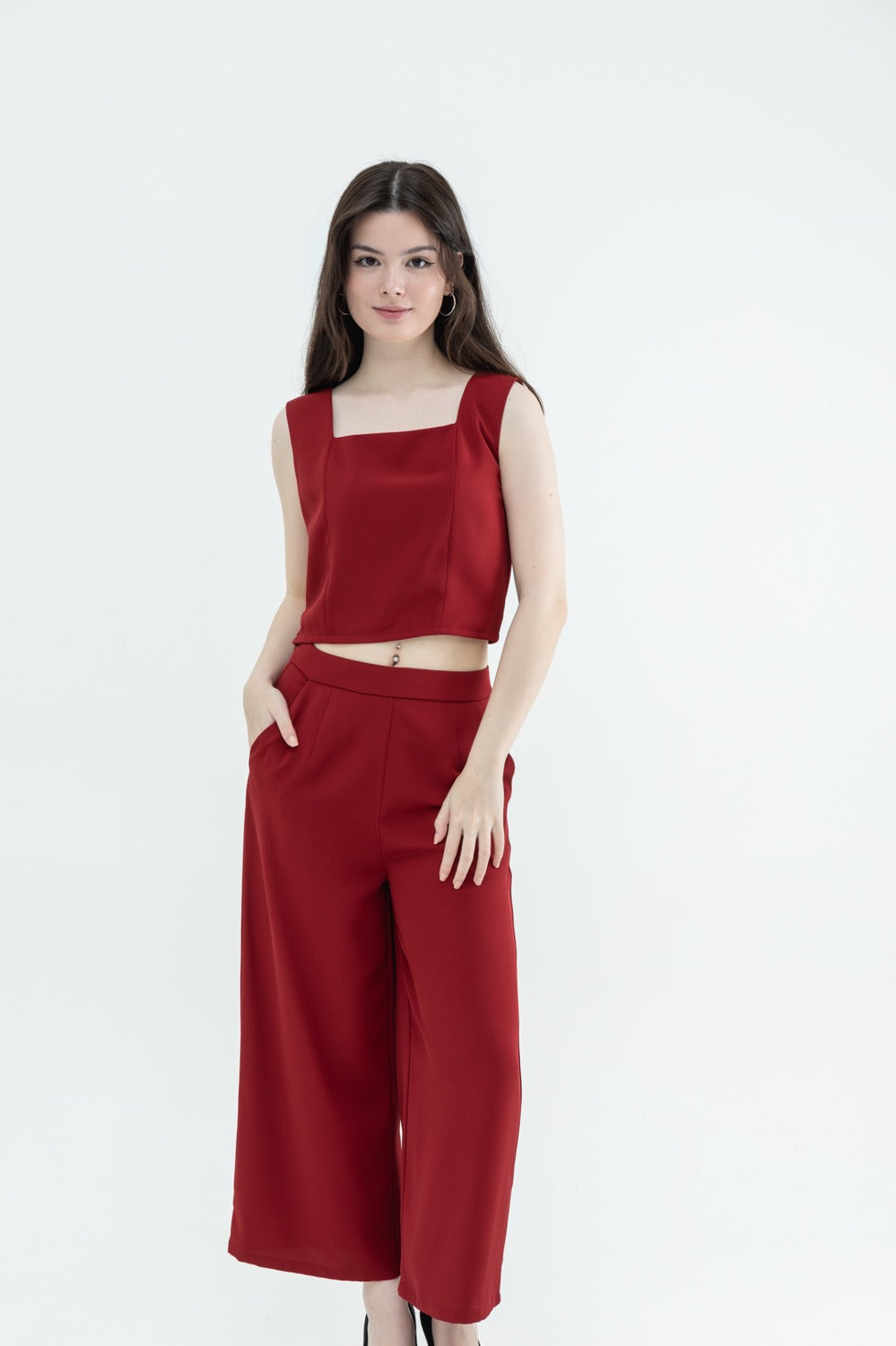 [Co-Ord] Maroon Square Neck Crop Top + Maroon Basic Regular Pants