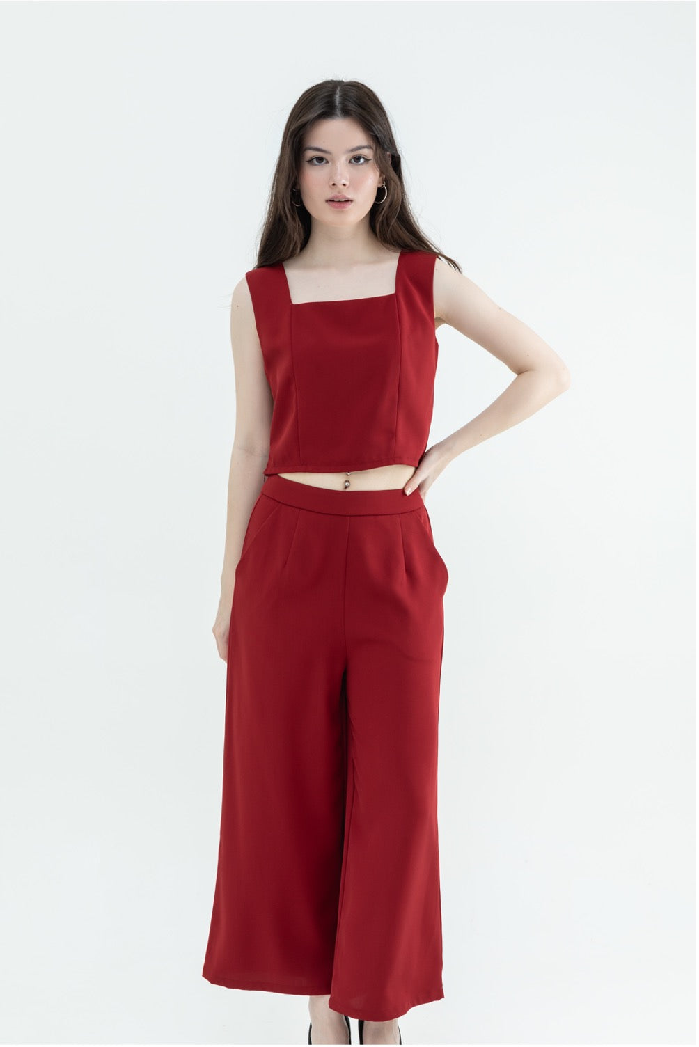 [Co-Ord] Maroon Square Neck Crop Top + Maroon Basic Regular Pants