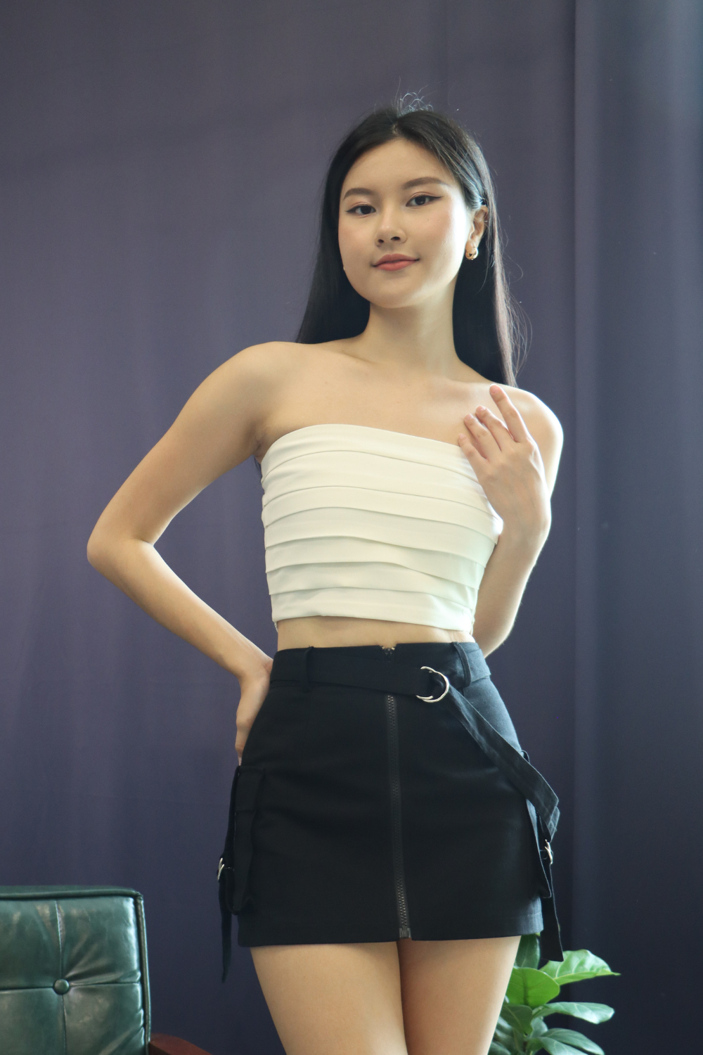 Pleated Smocked Tube Top (Black / Off White)