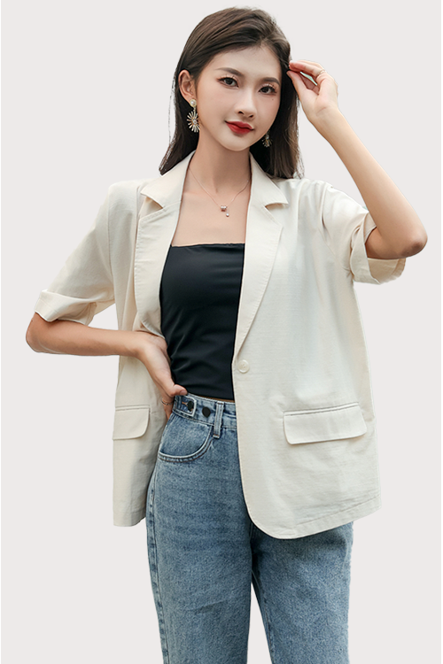 Casual Short-Sleeved Beige Blazer