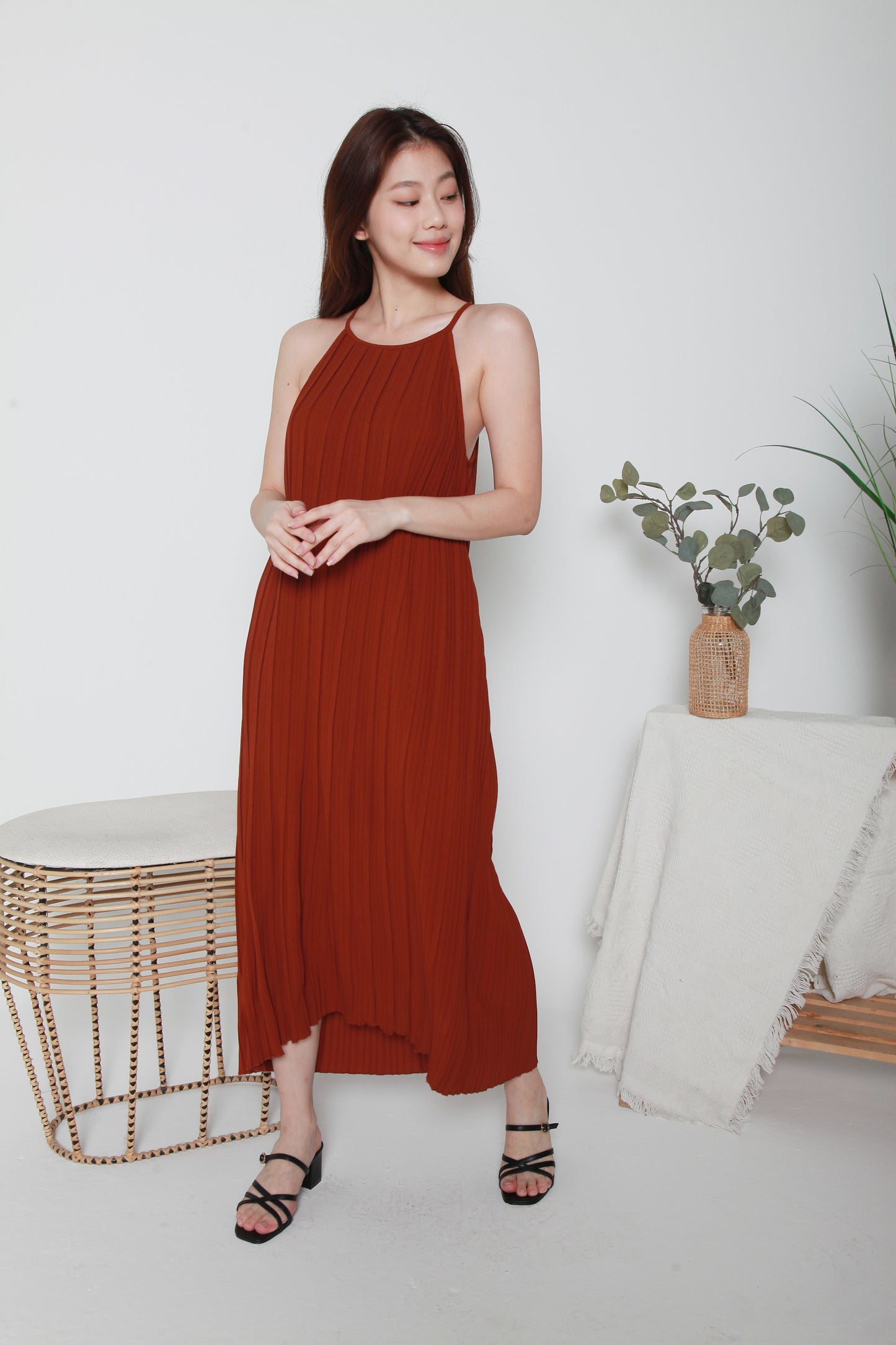 Halter Pleated Sleeveless Maxi Dress