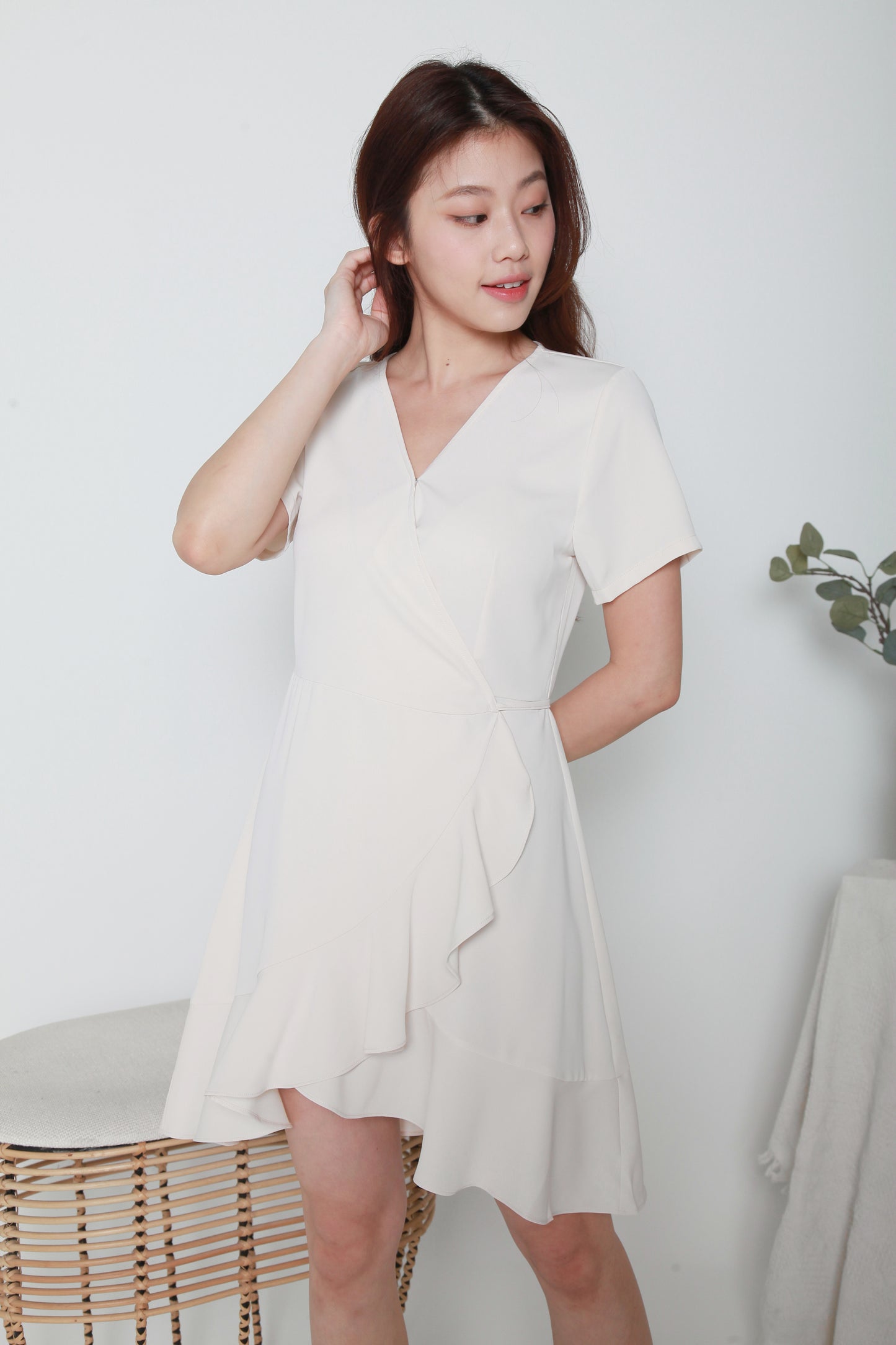 V-neck Asymmetrical Ruffle Wrap Dress (Full Wrap Dress)