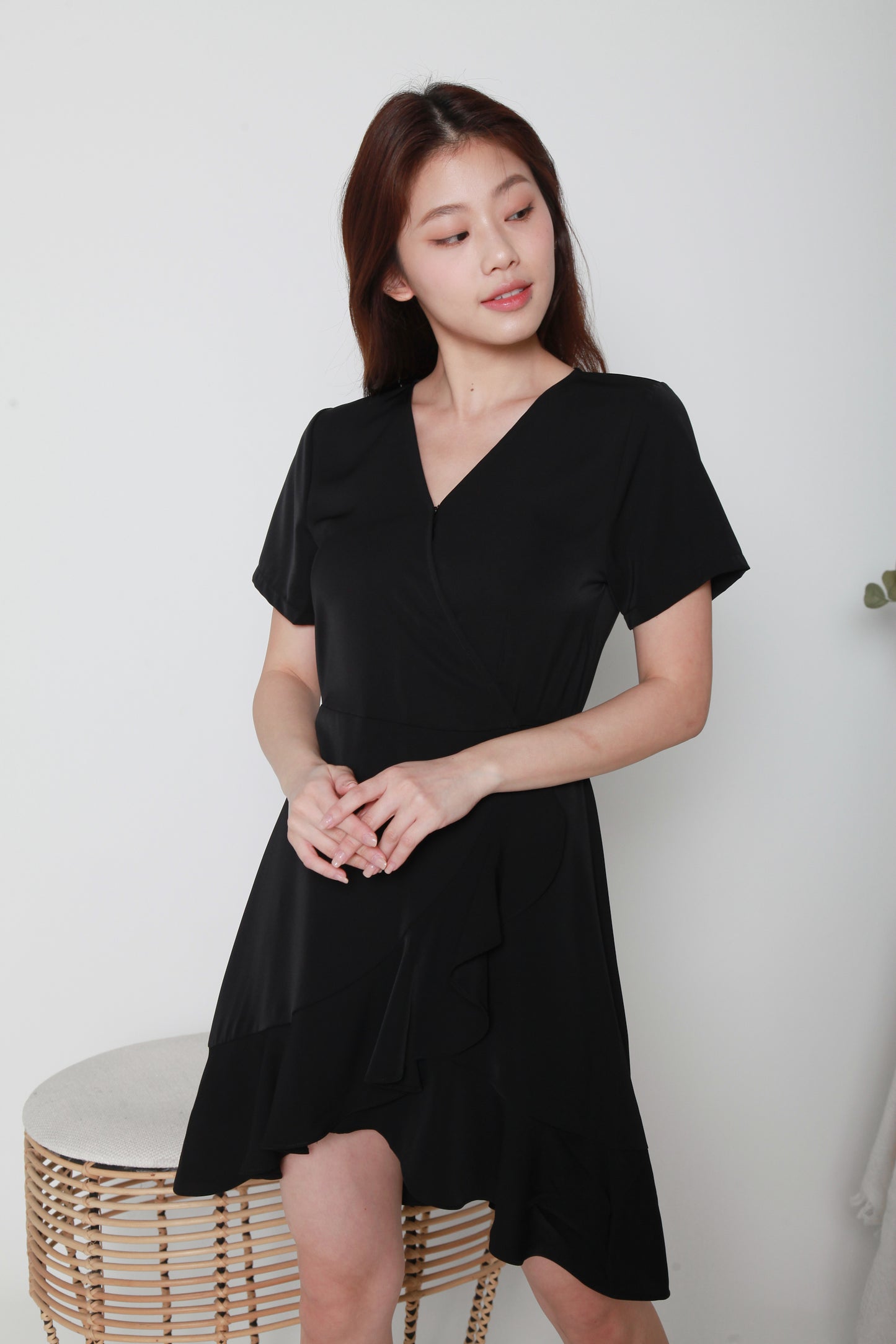 V-neck Asymmetrical Ruffle Wrap Dress (Full Wrap Dress)